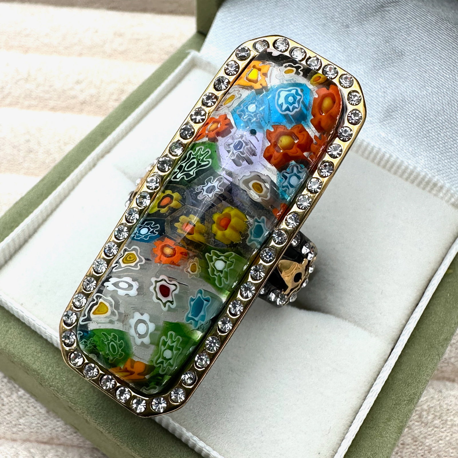 Italian Murano Blue Glass Clear Crystal Black Enamel Statement Ring Size 10 Box Included (1 of 2)