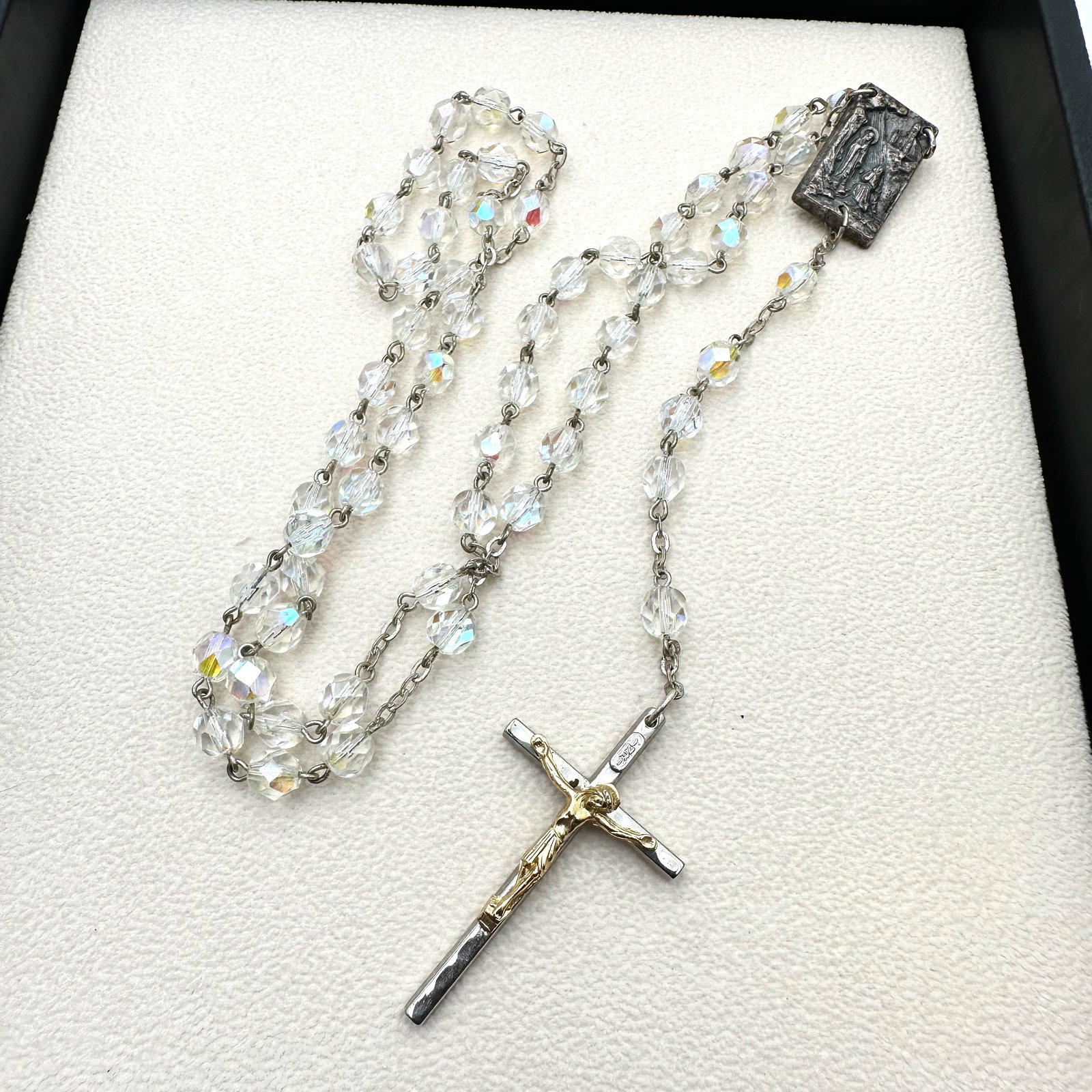 Vintage Aurora Borealis Crystal Bead Rosary Holy Water Silver Gold Tone (1 of 2)