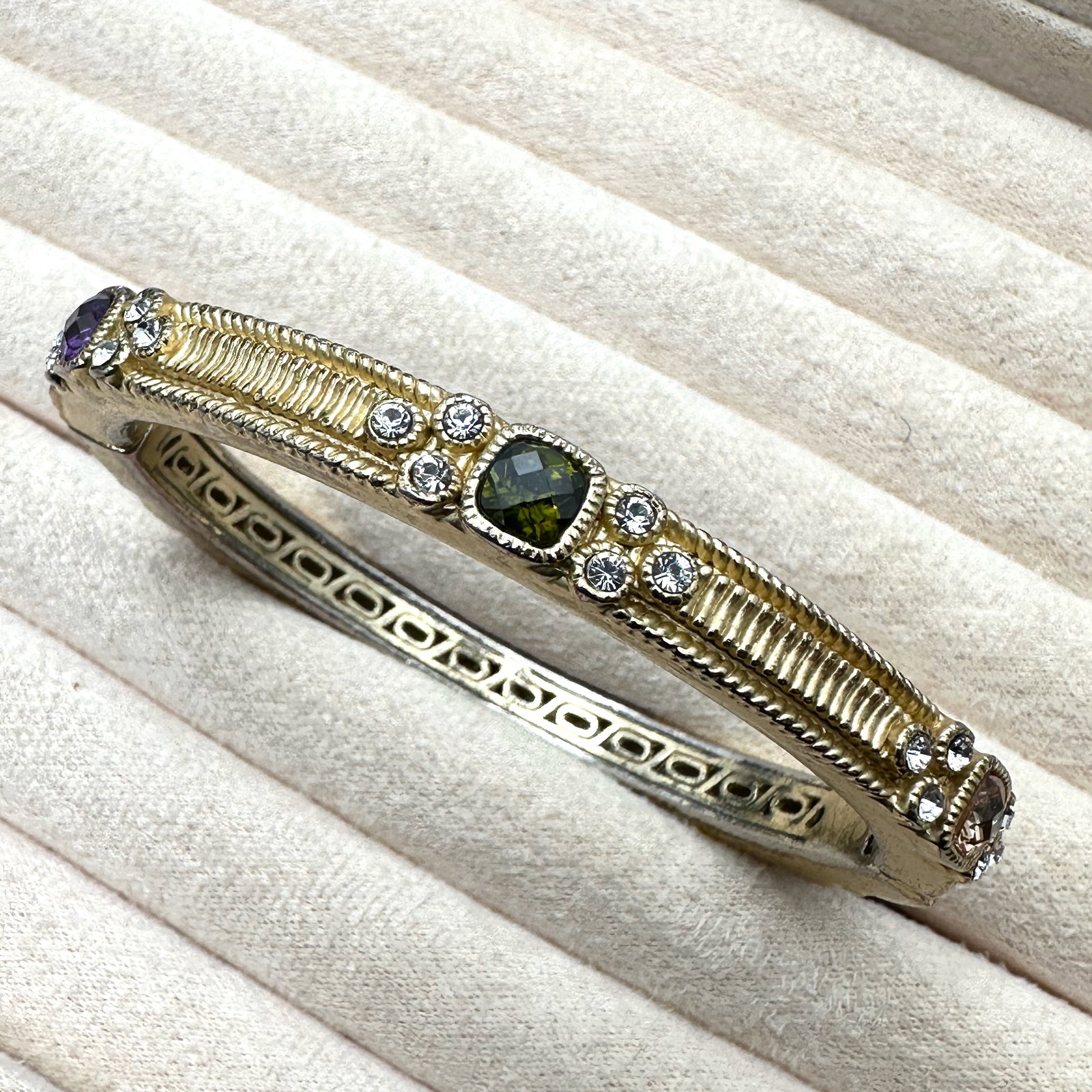 Purple Green Champagne Crystal Gold Tone Hinged Bangle Bracelet (1 of 2)