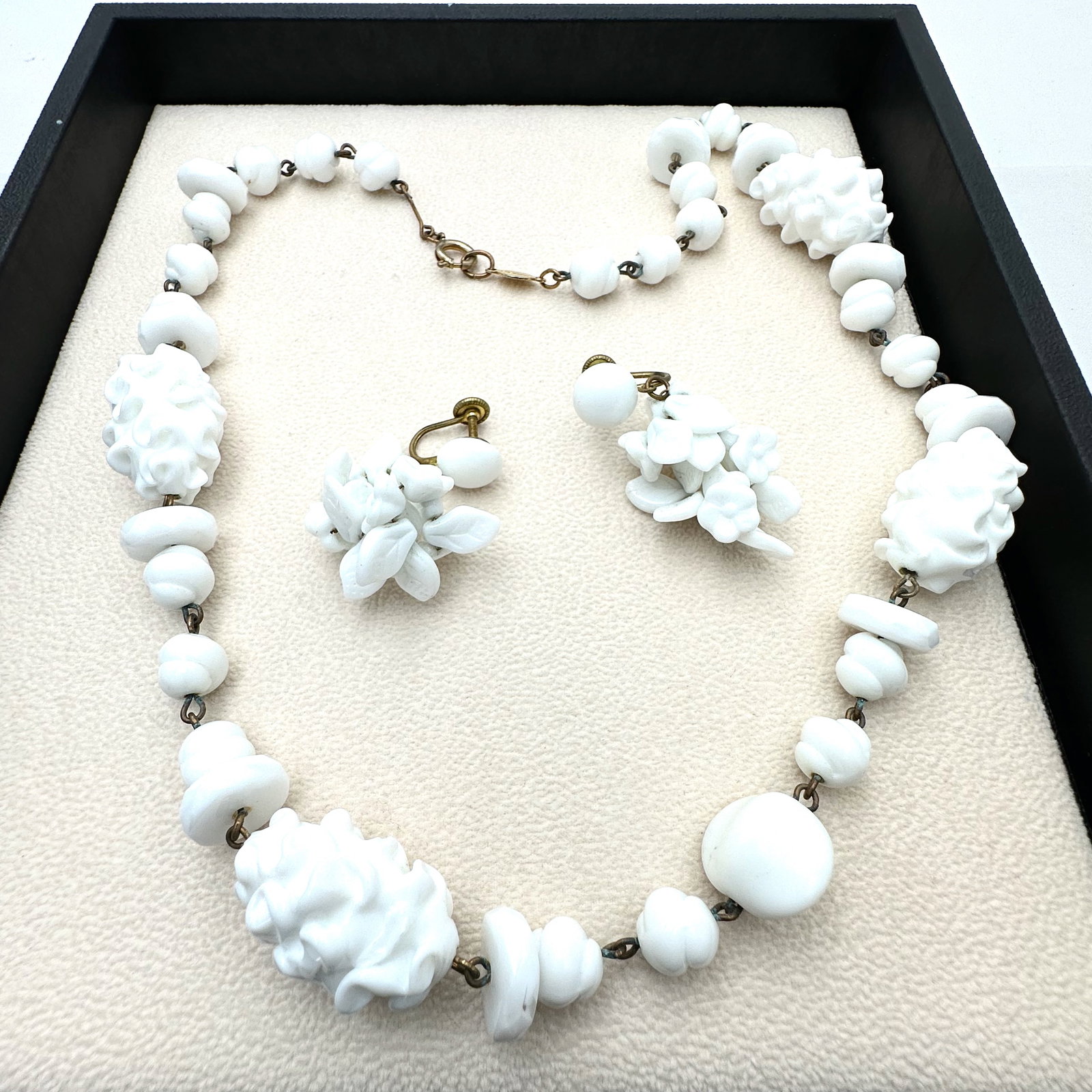 Vintage Freirich White Czech Glass Bead Necklace 22 Inch and Earrings (1 of 2)