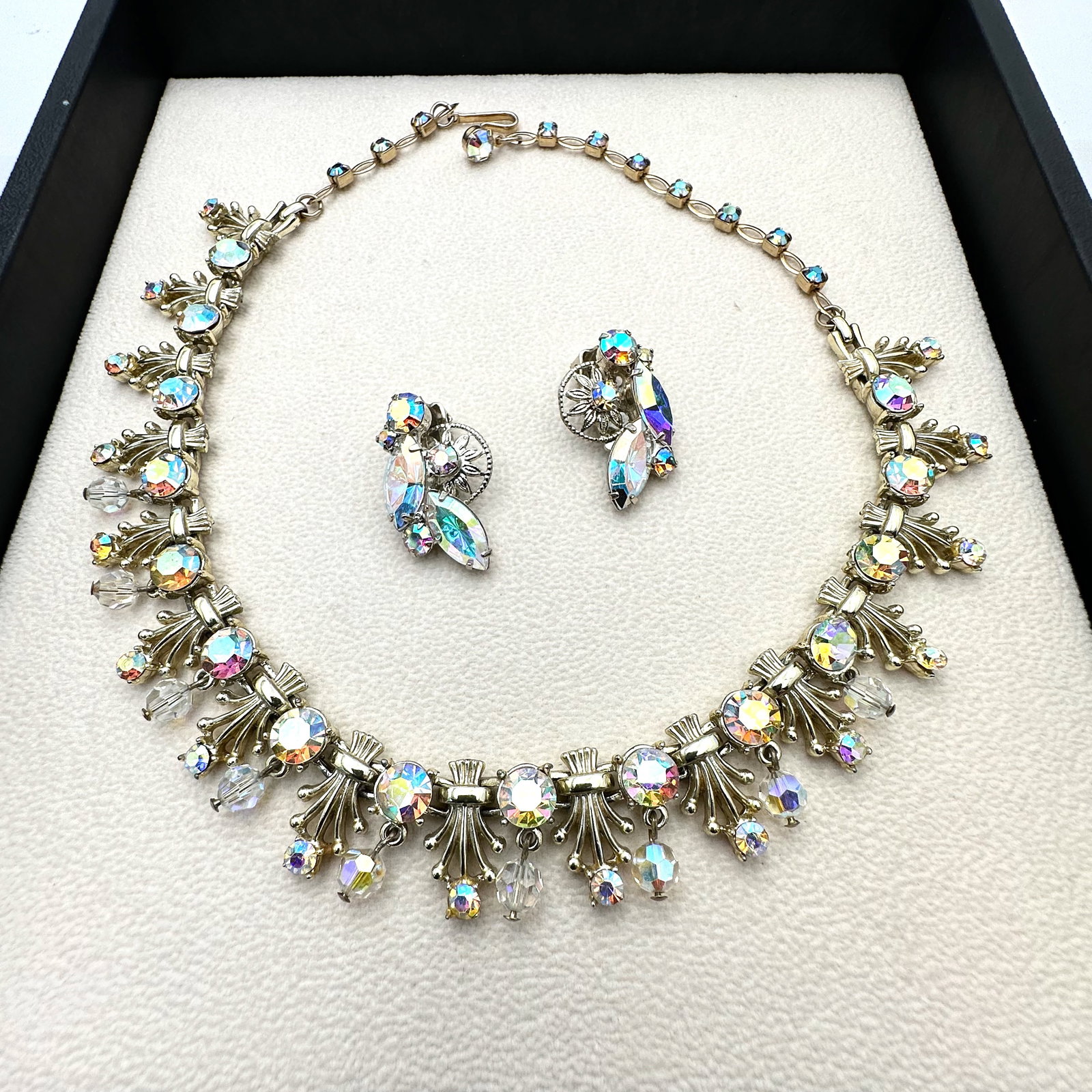 Vintage Coro Aurora Borealis Glass Rhinestone Gold Tone 16 Inch Necklace and Clip Earrings (1 of 2)