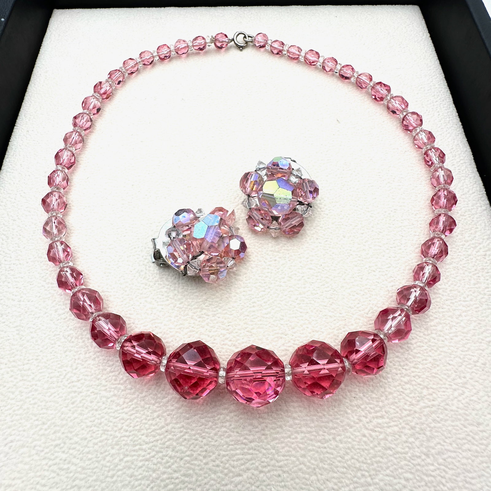 Antique Pink Faceted Glass Bead Necklace 16 Inch and Coordinating Clip Earrings: Antique Pink Faceted Glass Bead Necklace 16 Inch and Coordinating Clip Earrings