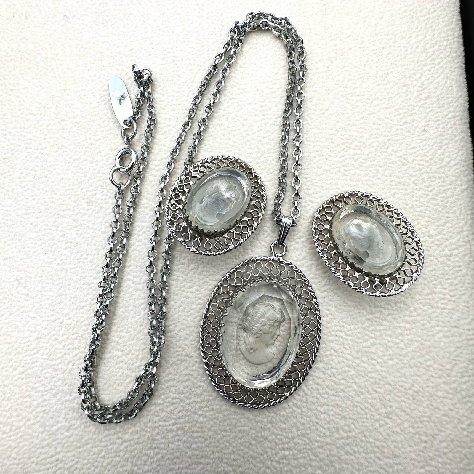 Vintage Whiting and Davis Intaglio Glass Cameo Silver Tone Pendant Necklace and Clip Earrings: Vintage Whiting and Davis Intaglio Glass Cameo Silver Tone Pendant Necklace and Clip Earrings