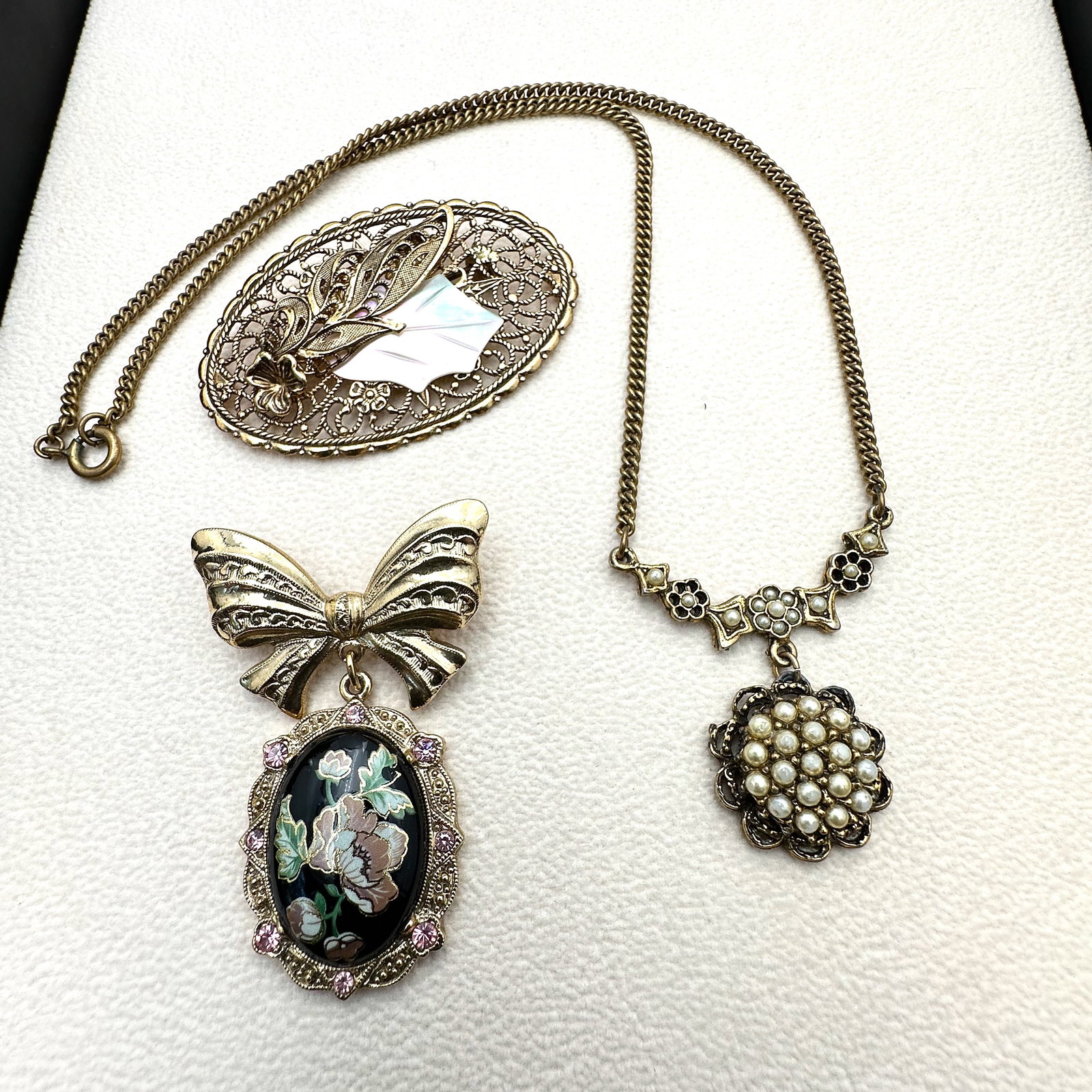 Vintage Victorian Revival Necklace and Brooches Gold Tone: Vintage Victorian Revival Necklace and Brooches Gold Tone