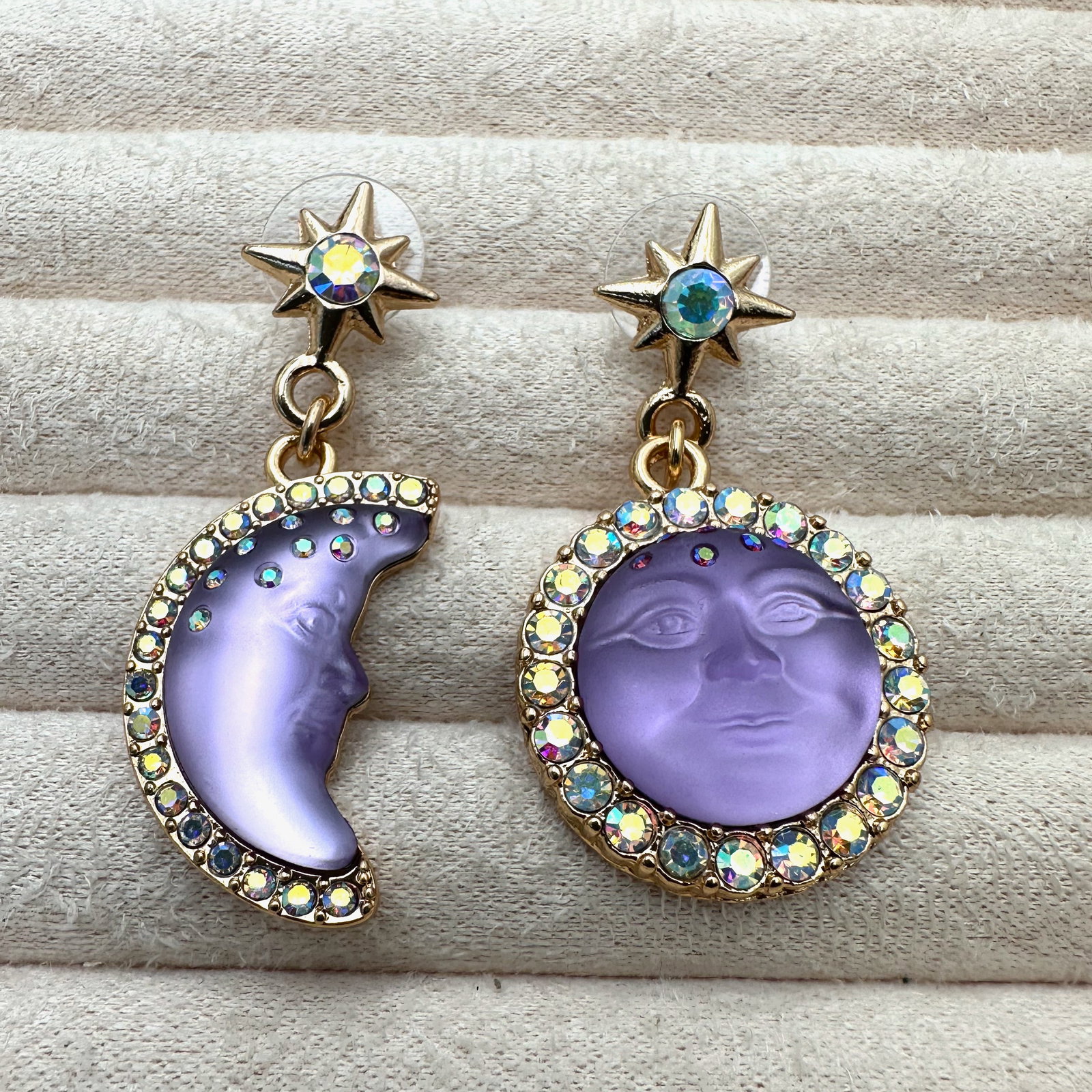 Vintage Kirks Folly Light Purple Moon Face Crystal Gold Tone Pierced Earrings 2 Inch: Vintage Kirks Folly Light Purple Moon Face Crystal Gold Tone Pierced Earrings 2 Inch