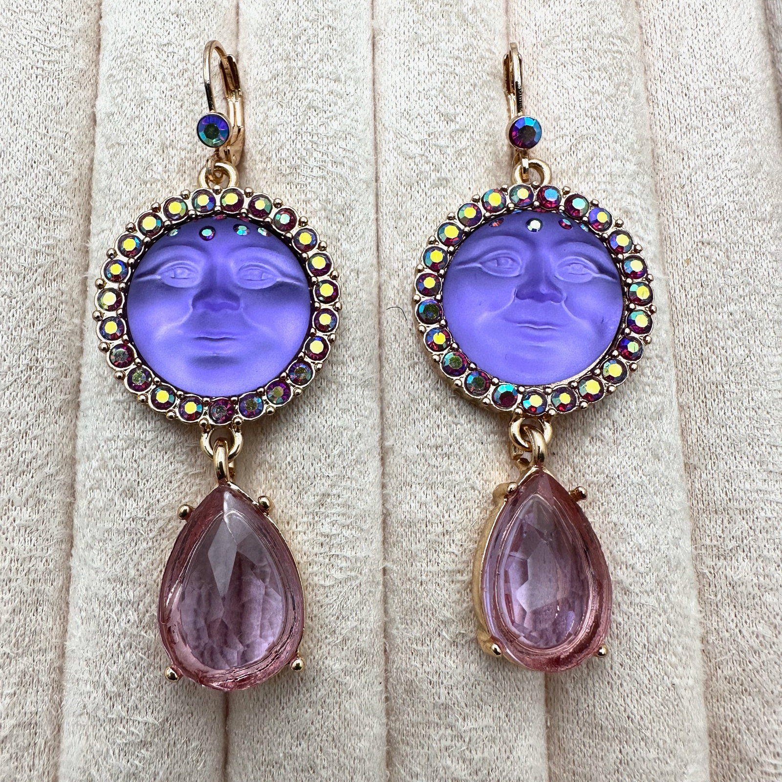 Vintage Kirks Folly Pink Purple Moon Face Gold Tone Pierced Earrings 2.5 Inch: Vintage Kirks Folly Pink Purple Moon Face Gold Tone Pierced Earrings 2.5 Inch