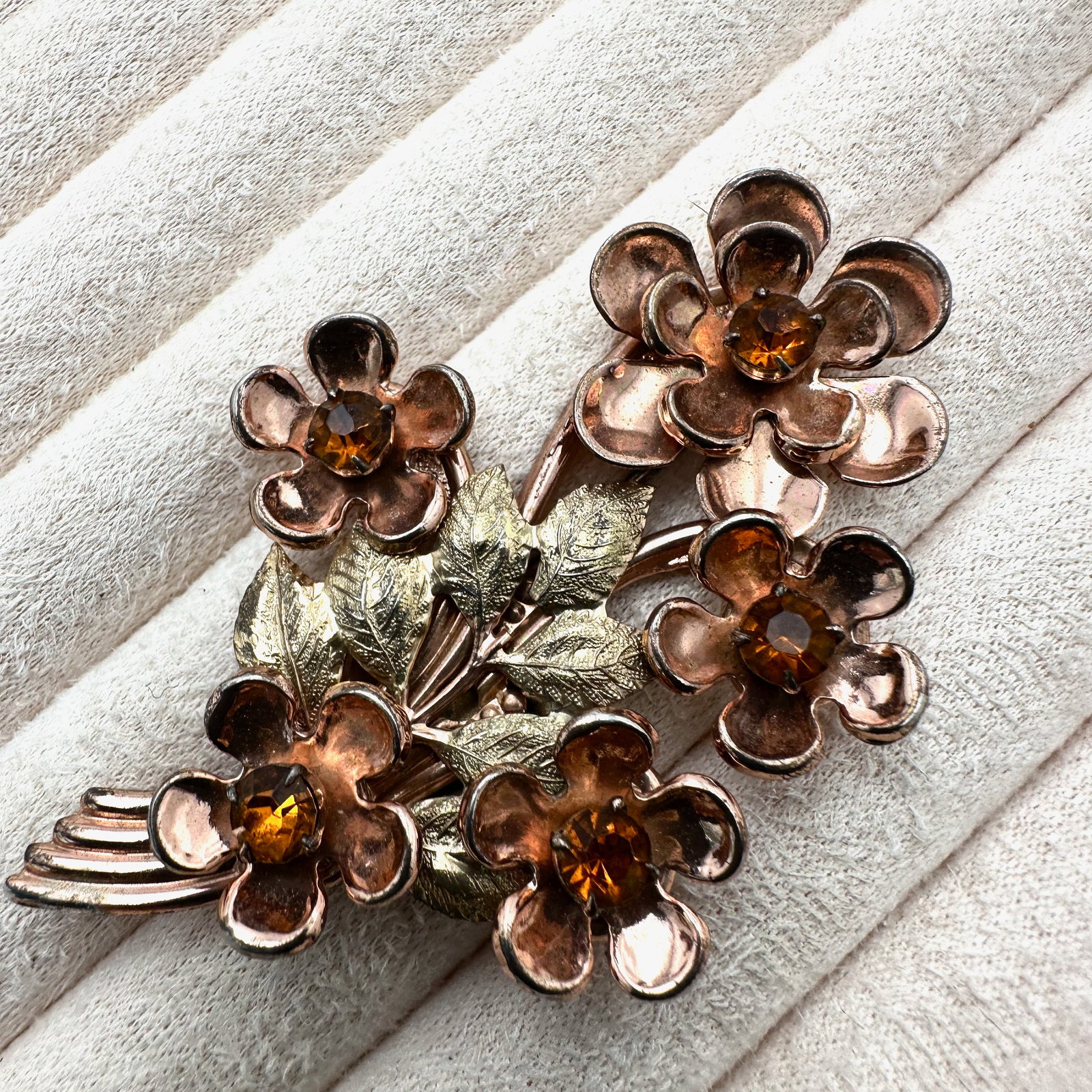 Antique Rose Gold Plated Sterling Silver Amber Glass Rhinestone Flower Brooch Pin 3 Inch: Antique Rose Gold Plated Sterling Silver Amber Glass Rhinestone Flower Brooch Pin 3 Inch
