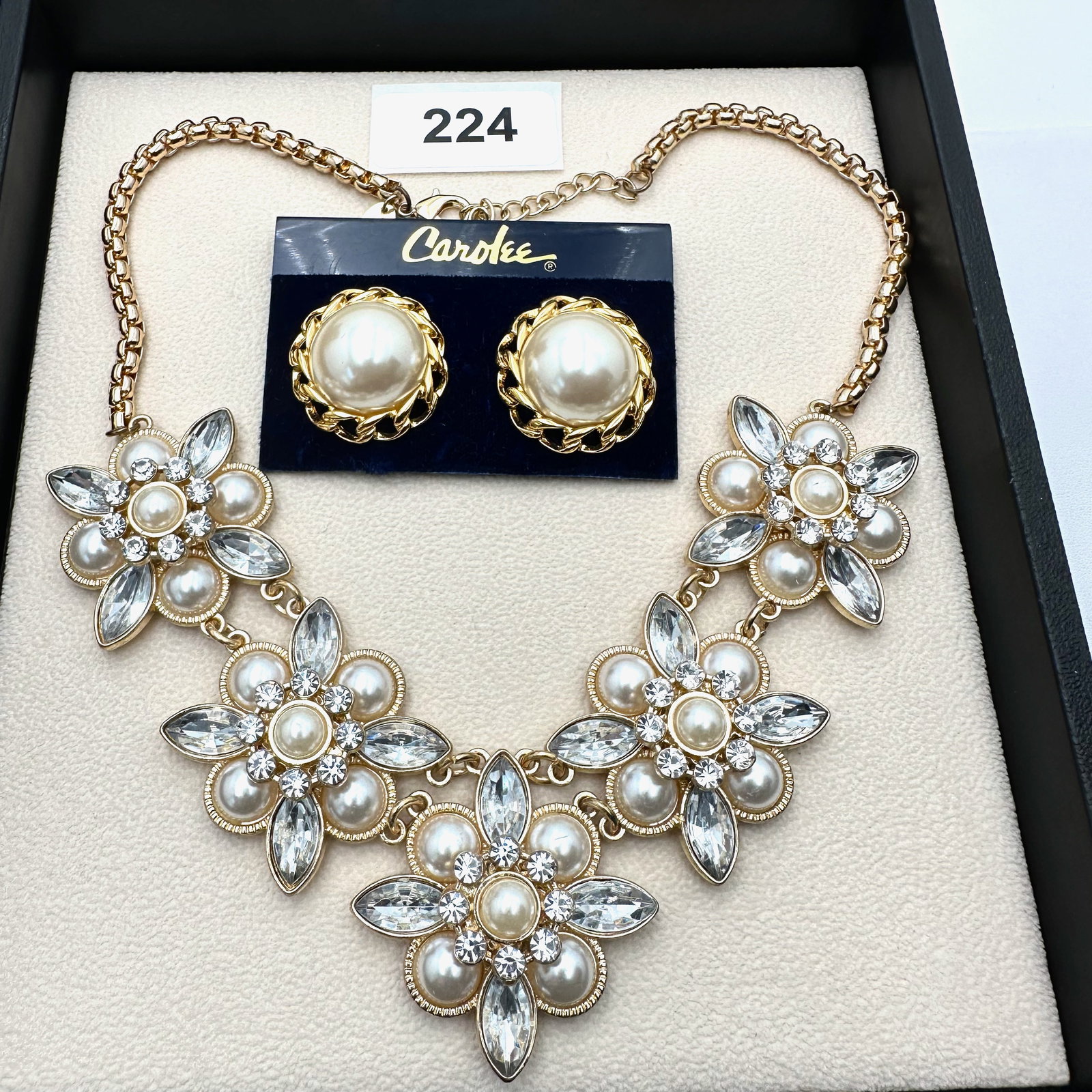 Jewelry Group Lot Gold tone Faux Pearl Crystal Necklace Carolee Clip Earrings Original Card: Jewelry Group Lot Gold tone Faux Pearl Crystal Necklace Carolee Clip Earrings Original Card