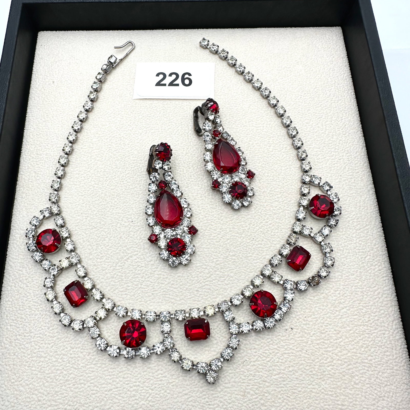 Vintage Red and Clear Glass Rhinestone Silver Tone 15 Inch Necklace & Clip Earrings (1 of 2)