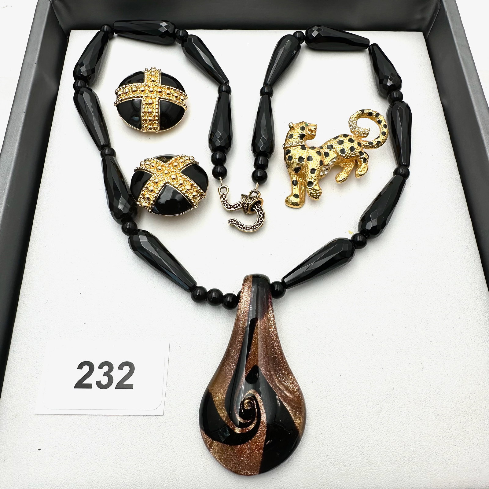 Jewelry Group Lot Italian Murano Glass Black Glass Bead Necklace Spotted Leopard Brooch Clip (1 of 2)