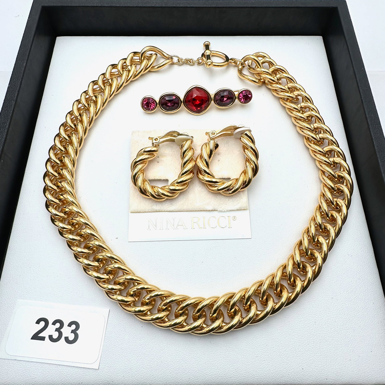 Jewelry Group Lot Gold Tone Choker Nina Ricci Clip Earrings Napier Jewel Tone Brooch Pin (1 of 2)