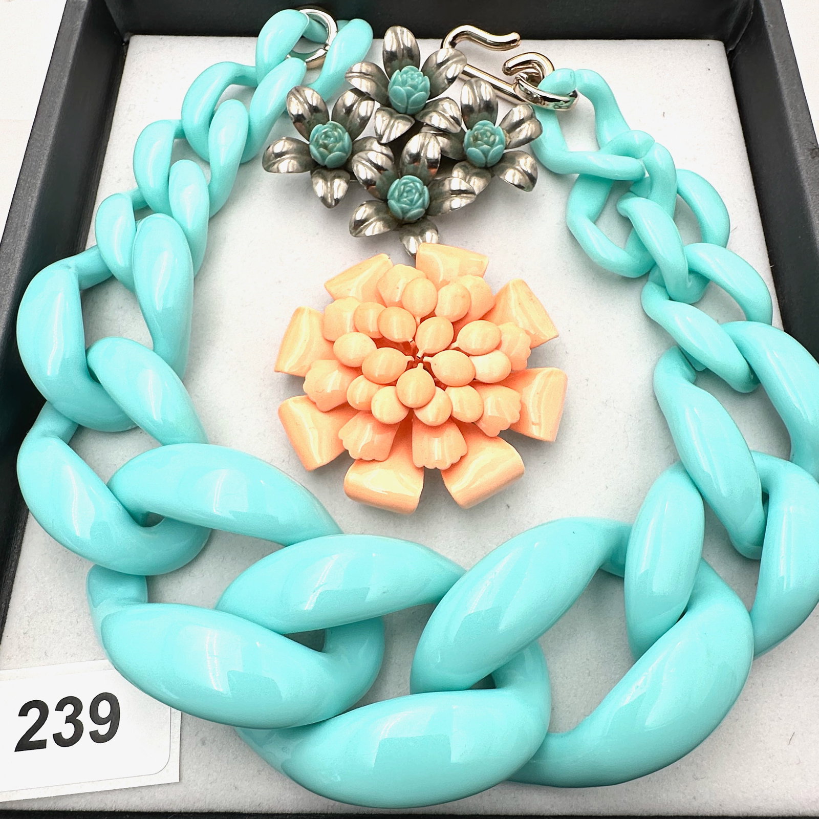 Jewelry Group Lot Wide Blue Lucite Link Necklace Pink Enamel Flower Brooches (1 of 2)
