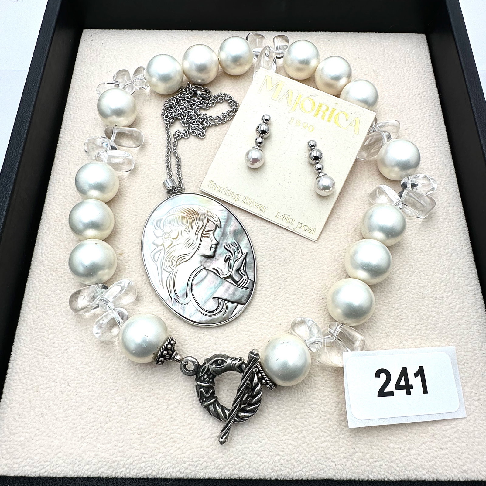 Jewelry Group Lot Silver Tone Majorca 925 Pearl Earrings Carved Shell Cameo Pendant Necklace and: Jewelry Group Lot Silver Tone Majorca 925 Pearl Earrings Carved Shell Cameo Pendant Necklace and More