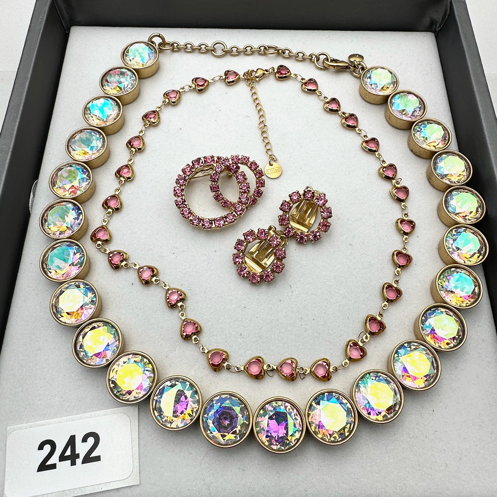 Jewelry Group Lot Gold Tone Pink Crystal Bezel Set Necklace Brooch Clip Earrings and More (1 of 2)