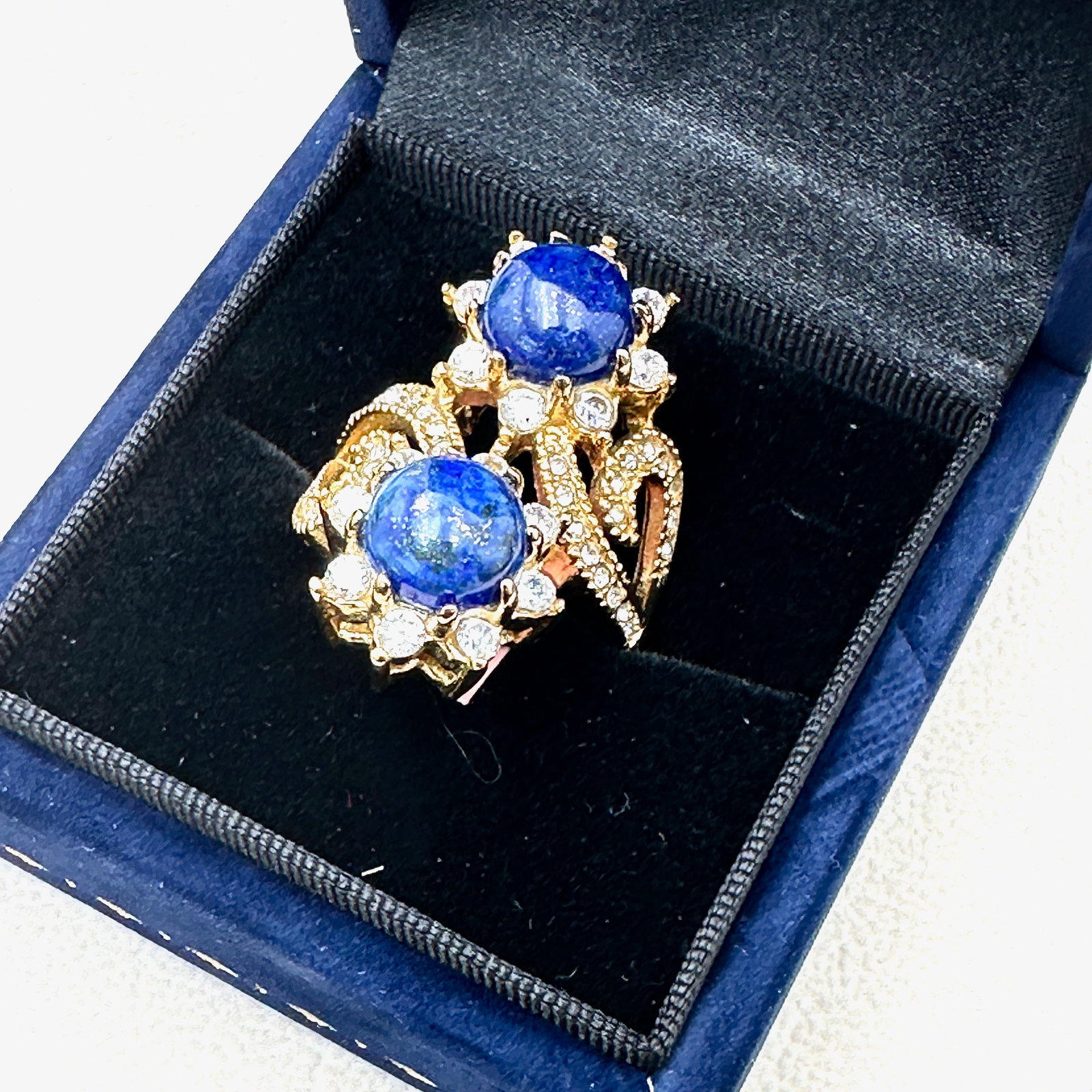 Blue Lapis Lazuli Gemstone Clear Cubic Zirconia Gold Plated Ring Size 10 Box Included: Blue Lapis Lazuli Gemstone Clear Cubic Zirconia Gold Plated Ring Size 10 Box Included