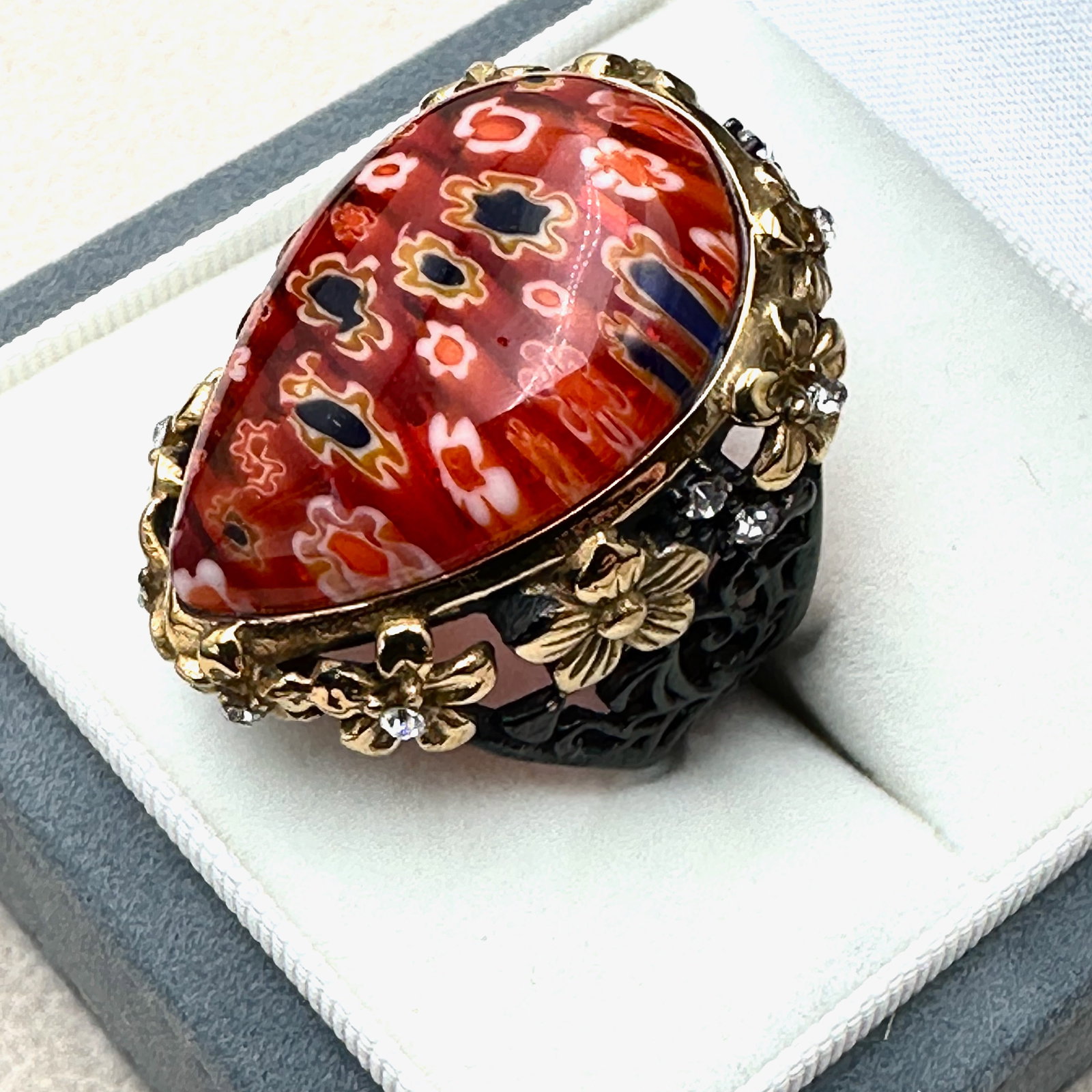 Italian Murano Glass Gold Flower Design Black Enamel Large Ring Size 10 Box Included (1 of 2)