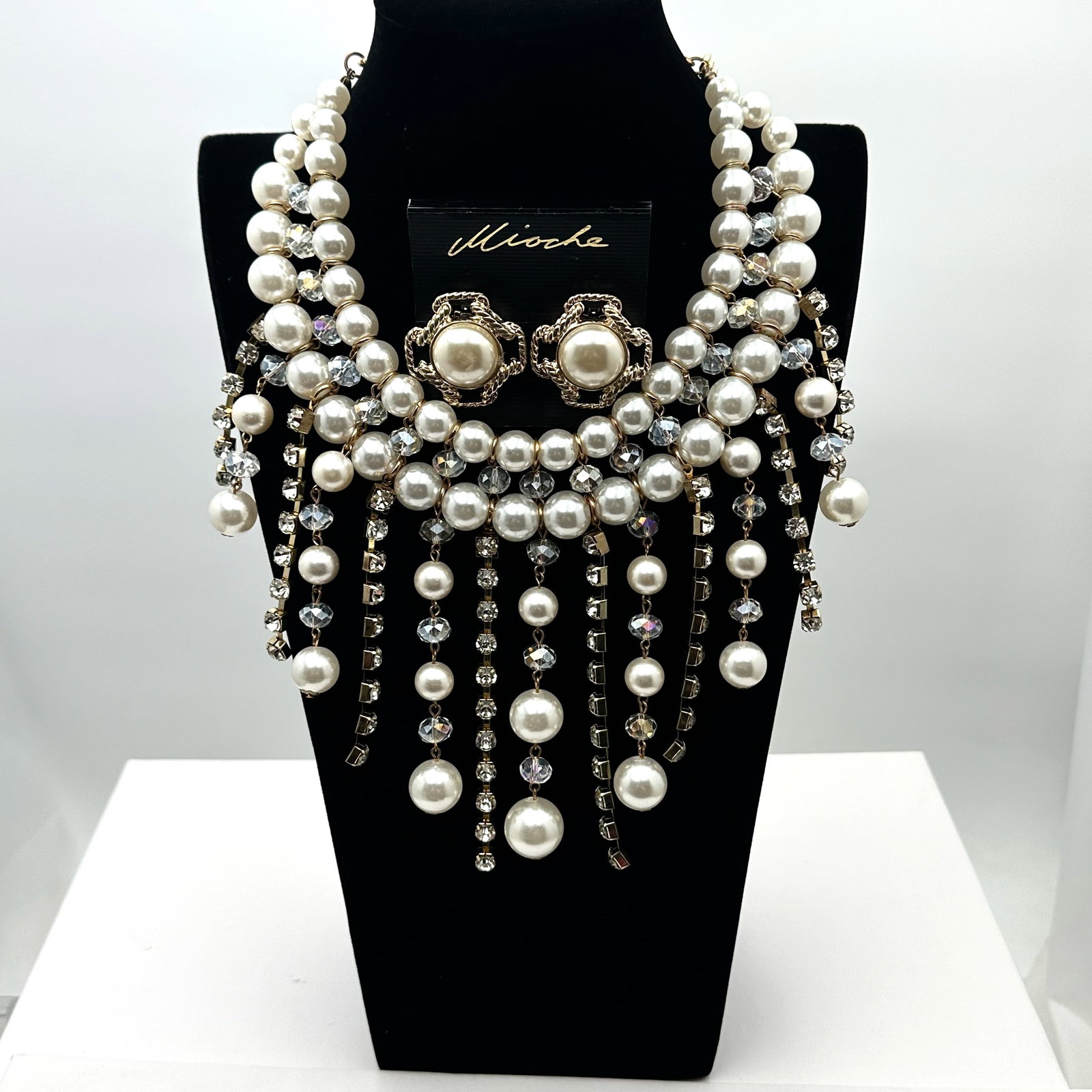 Vintage Clear Rhinestone Faux Pearl Gold Tone Bib Necklace and Coordinating Clip Earrings (1 of 2)