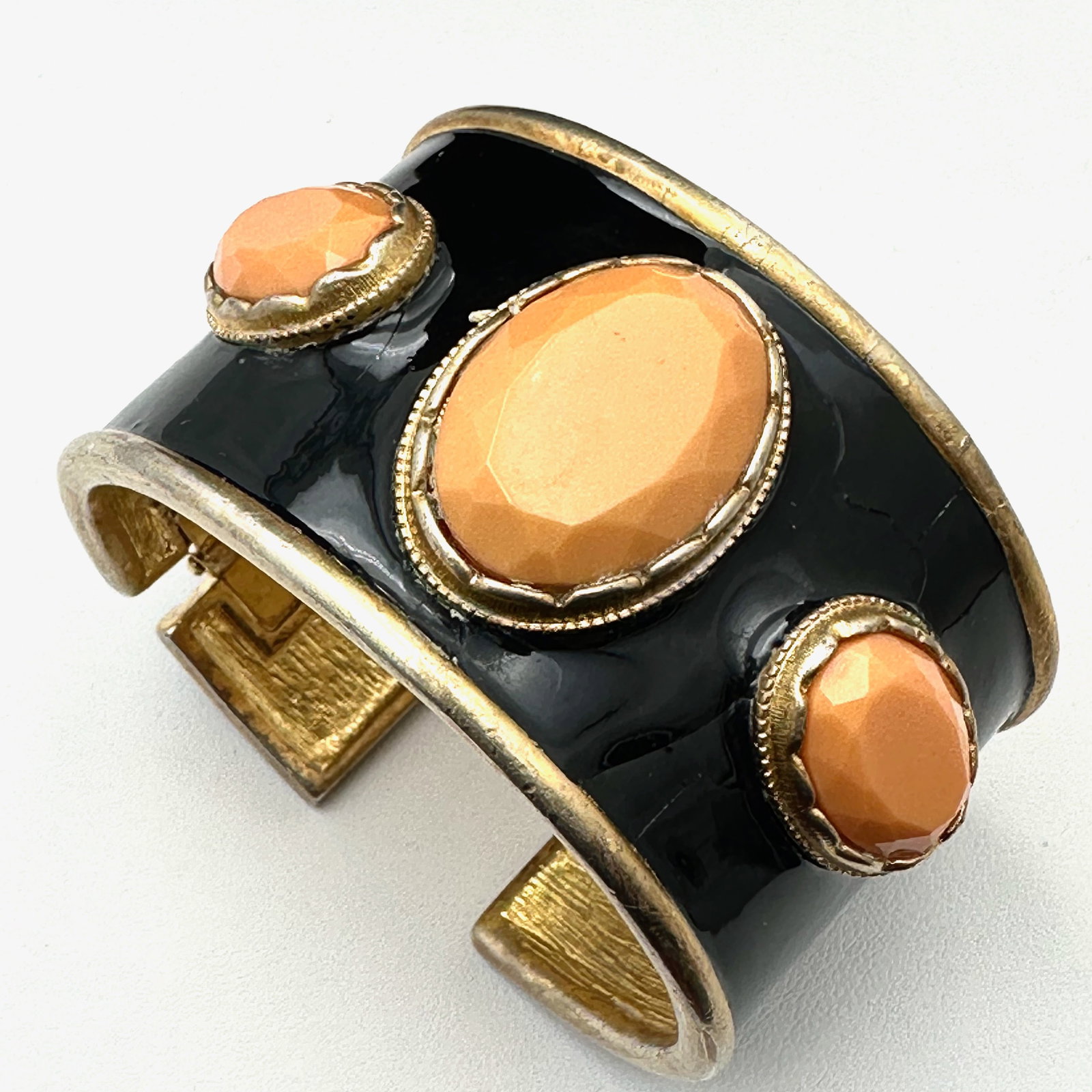 Vintage Kenneth Jay Lane Coral Pink Black Gold tone Hinged Cuff Bracelet (1 of 2)