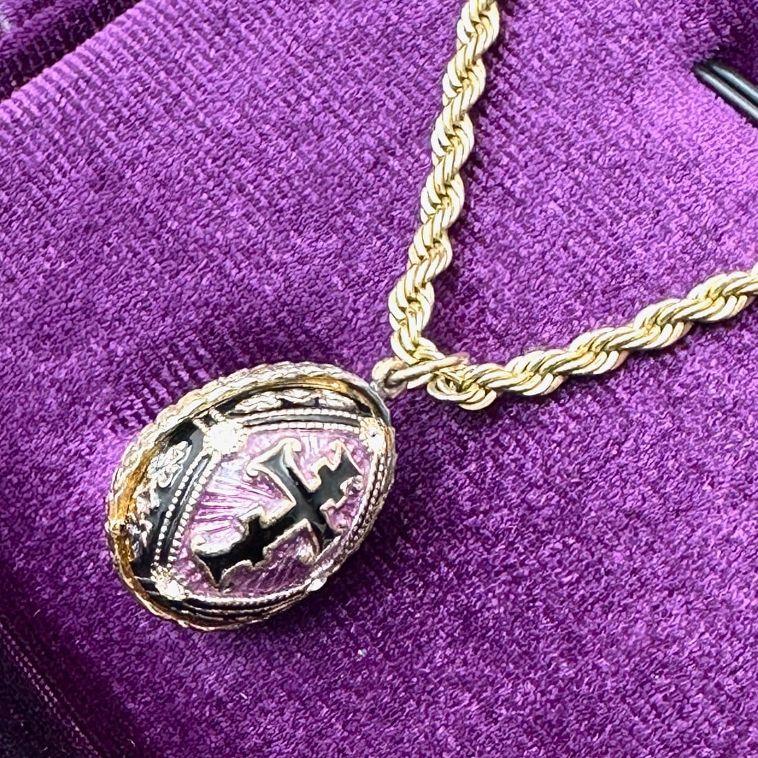 Vintage Clear Crystal Purple Enamel Egg Pendant Gold Filled Rope Chain 16 Inch Necklace Velvet Box (1 of 3)