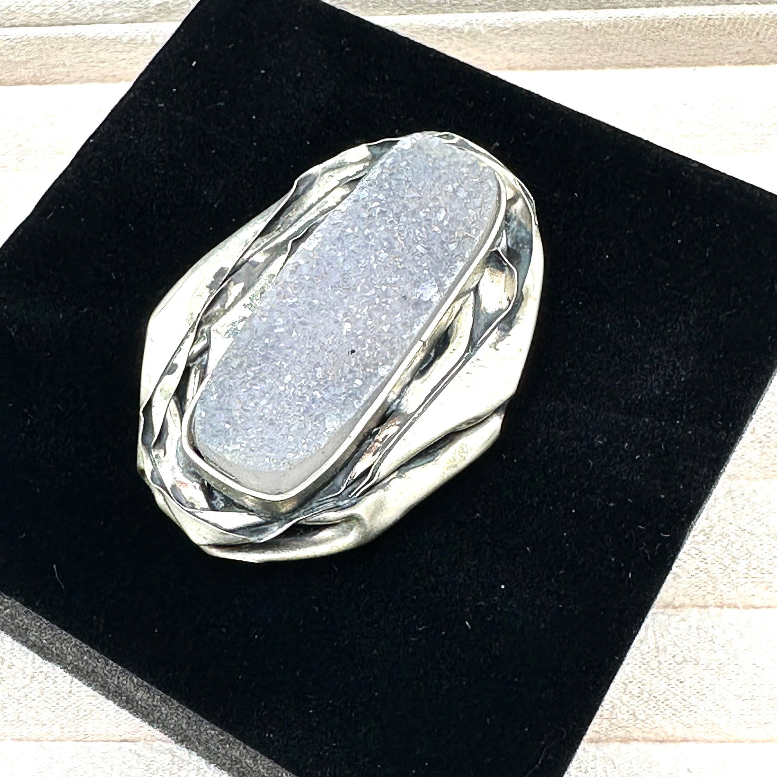 Artisan Silver Grey Drusy Quartz Ring Adjustable Size Face of Ring 2 Inch Length: Artisan Silver Grey Drusy Quartz Ring Adjustable Size Face of Ring 2 Inch Length