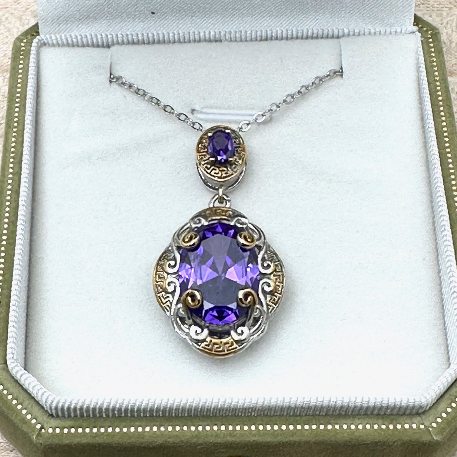 Purple Gemstone Silver Plated with Gold Accents Pendant Necklace 16 Inch Box Included: Purple Gemstone Silver Plated with Gold Accents Pendant Necklace 16 Inch Box Included