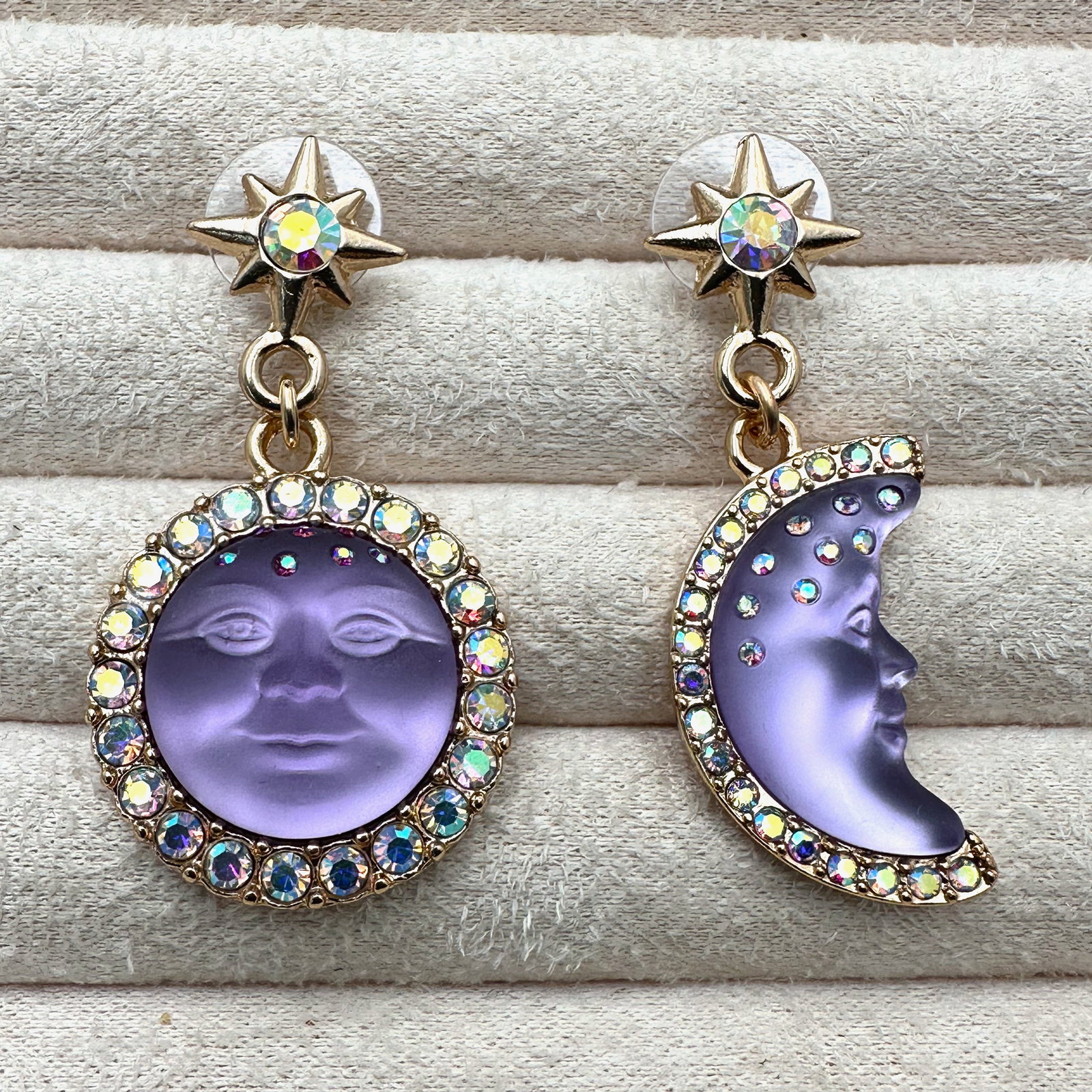 Vintage Kirks Folly Purple Moon Face Crystal Gold Tone Pierced Earrings 2 Inch: Vintage Kirks Folly Purple Moon Face Crystal Gold Tone Pierced Earrings 2 Inch