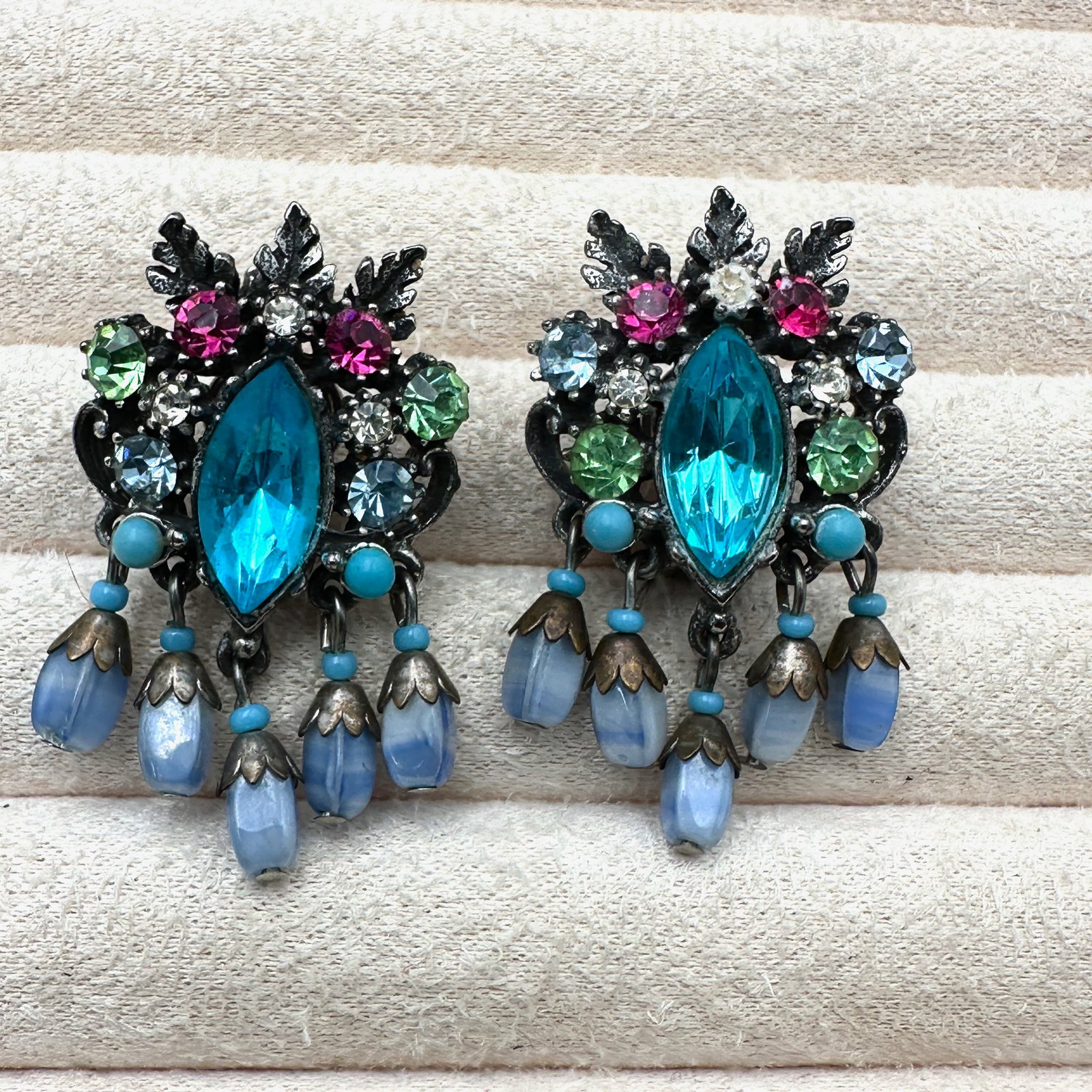 Vintage Florenza Multicolor Silver Tone Clip Earrings 1.5 Inch: Vintage Florenza Multicolor Silver Tone Clip Earrings 1.5 Inch