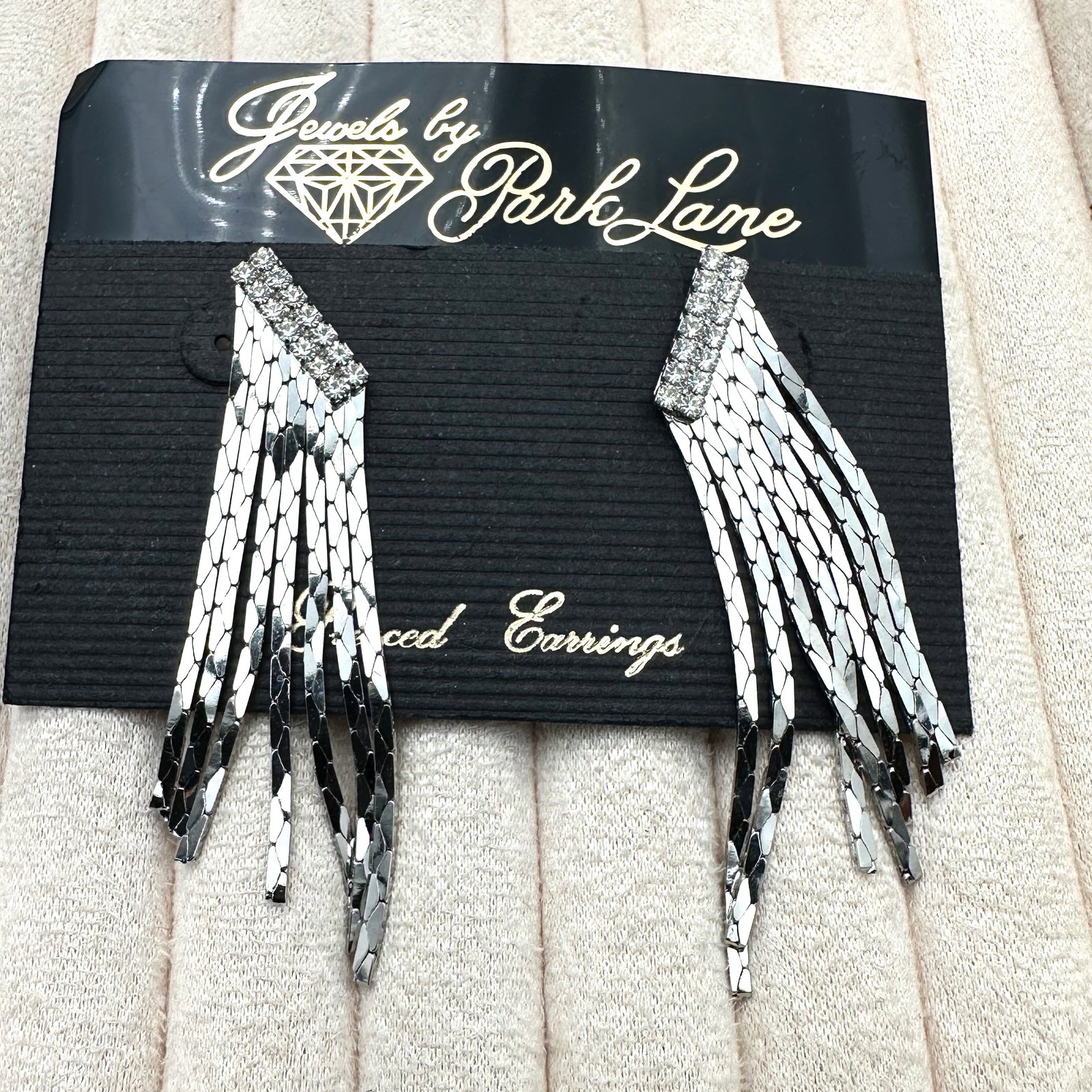 Vintage Park Lane Clear Crystal Silver Tone Fringe Pierced Earrings on Original Card: Vintage Park Lane Clear Crystal Silver Tone Fringe Pierced Earrings on Original Card