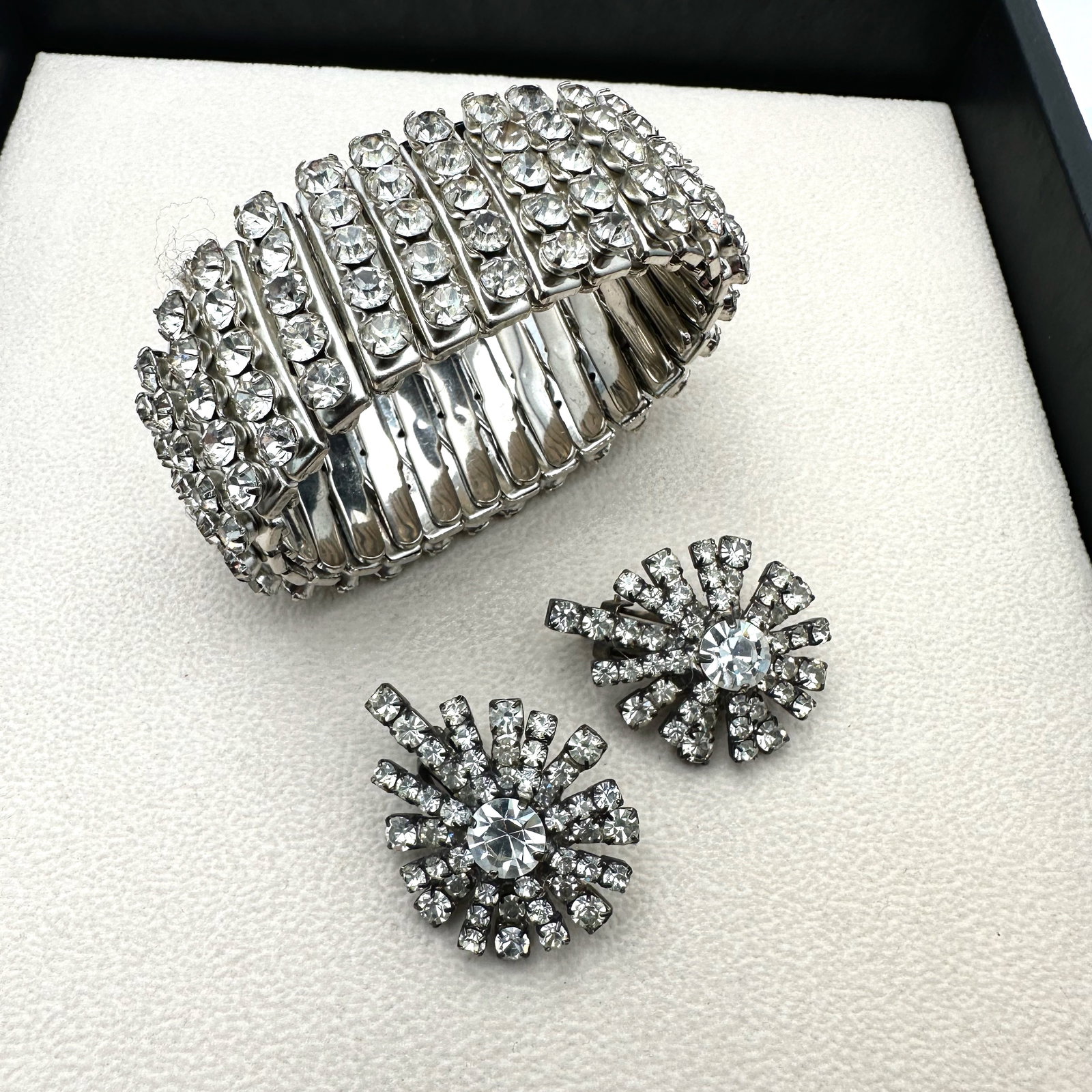 Vintage Clear Rhinestone Silver Tone Expandable Bracelet and Coordinating Clip Earrings (1 of 2)