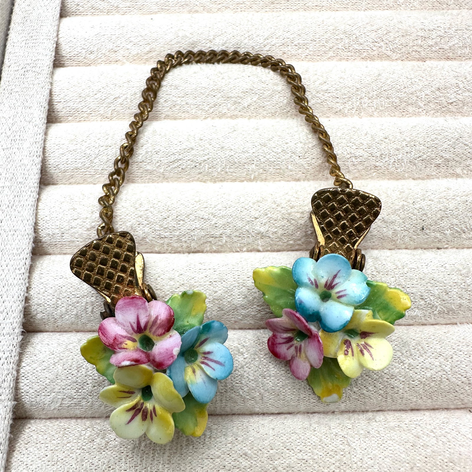 Vintage Pastel Porcelain Flowers Gold Tone Sweater Clips (1 of 2)