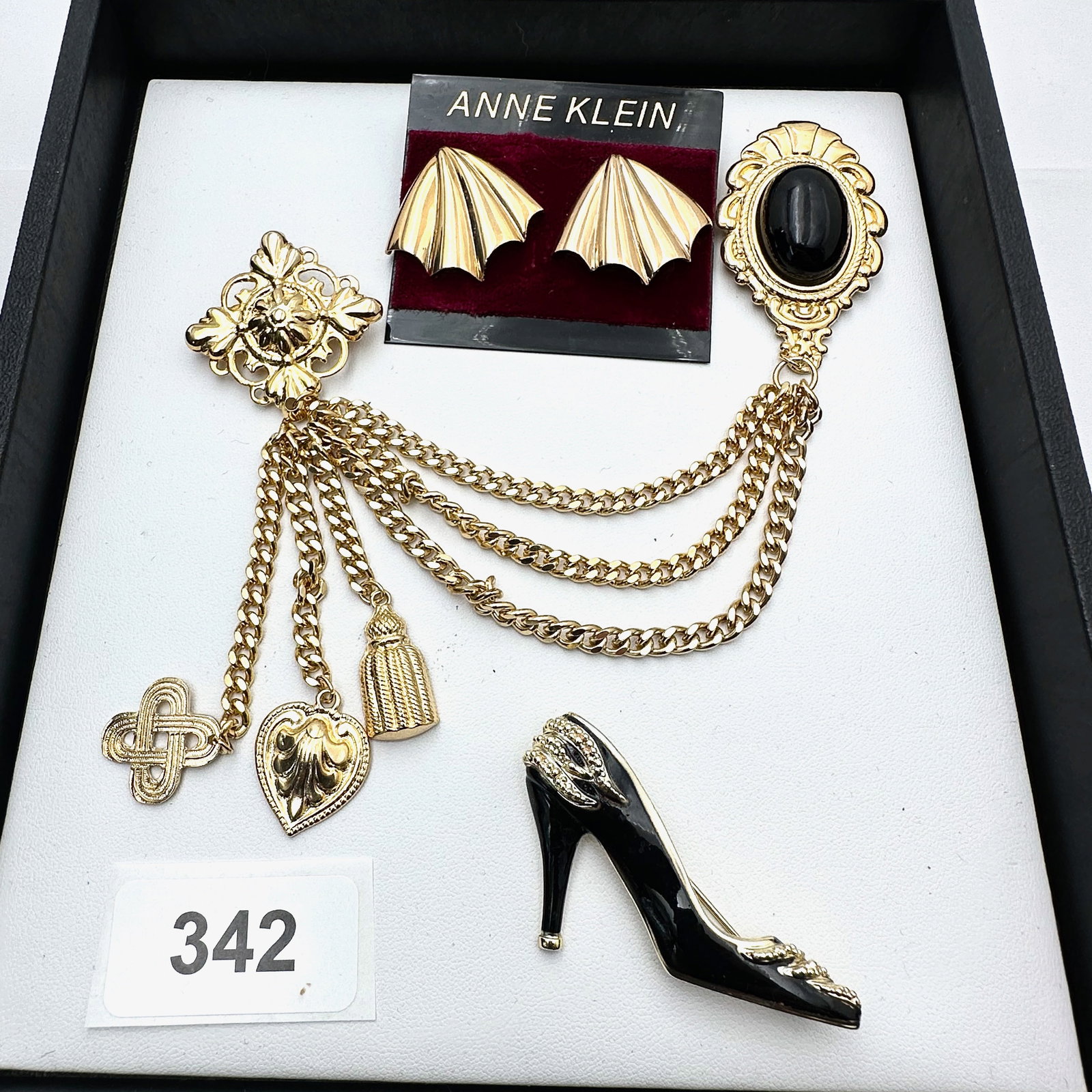 Vintage Jewelry Group Anne Klein Earrings Pierced Original Card Chatelaine Style Brooch Pin: Vintage Jewelry Group Anne Klein Earrings Pierced Original Card Chatelaine Style Brooch Pin