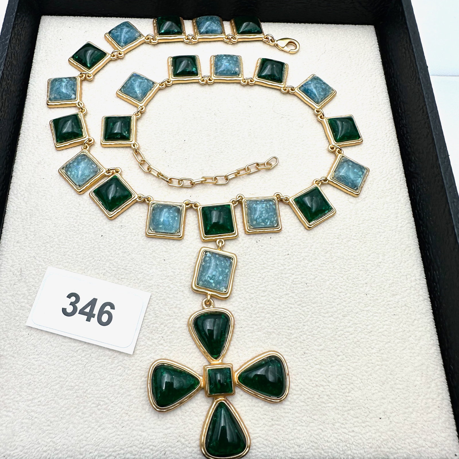 Blue Green Lucite Matte Gold Tone Maltese Cross Pendant Necklace 16 to 18 Inch Wearable Length (1 of 2)
