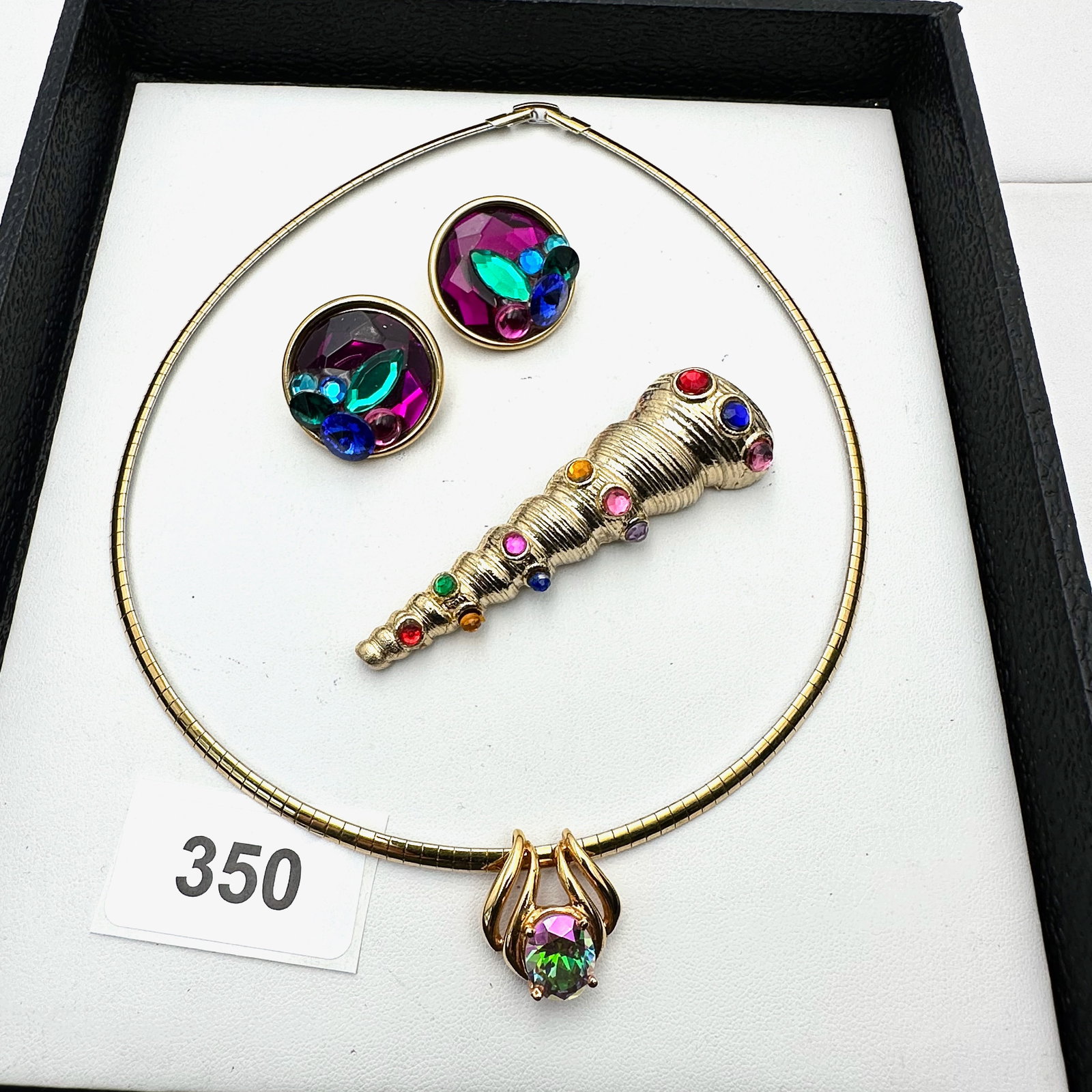Vintage Jewelry Group Lot Multicolor Crystal Pierced Earrings Crystal Necklace Sea Shell Brooch Pin: Vintage Jewelry Group Lot Multicolor Crystal Pierced Earrings Crystal Necklace Sea Shell Brooch Pin