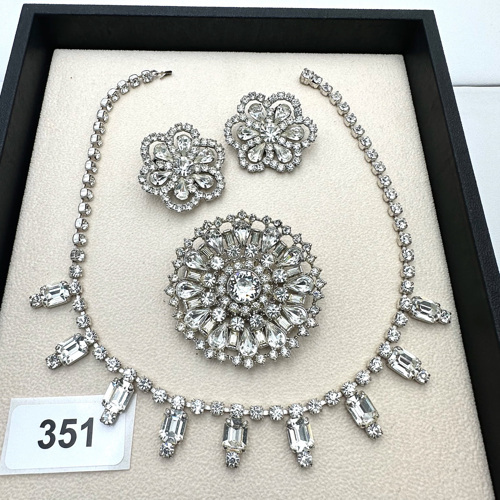 Vintage Clear Glass Rhinestone Silver Tone Necklace Brooch and Clip Earrings (1 of 2)