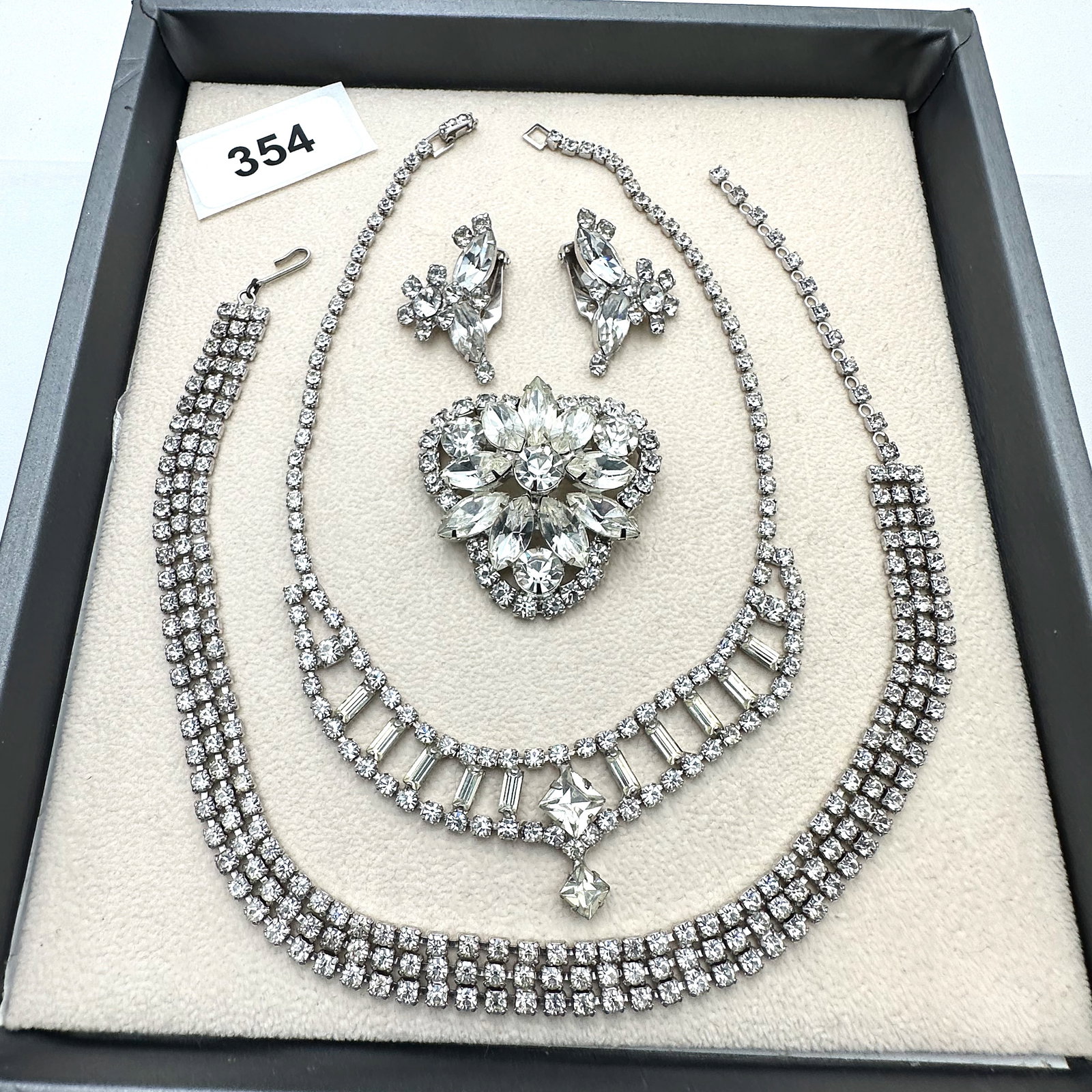 Vintage Jewelry Group Lot Clear Glass Rhinestone Necklaces Brooch and Clip Earrings: Vintage Jewelry Group Lot Clear Glass Rhinestone Necklaces Brooch and Clip Earrings