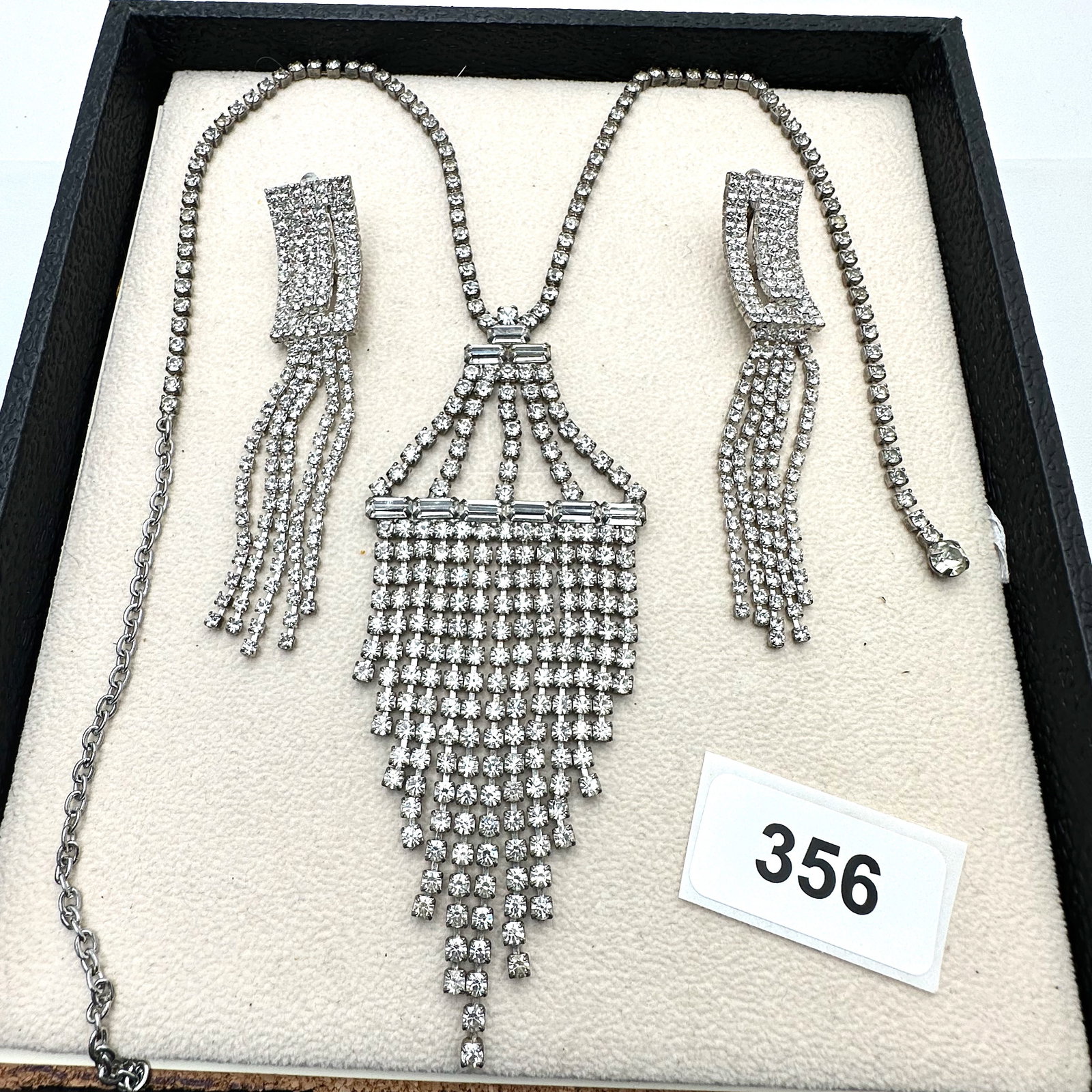 Vintage Clear Glass Rhinestone Fringe Pendant Necklace and Coordinating Clip Earrings (1 of 2)