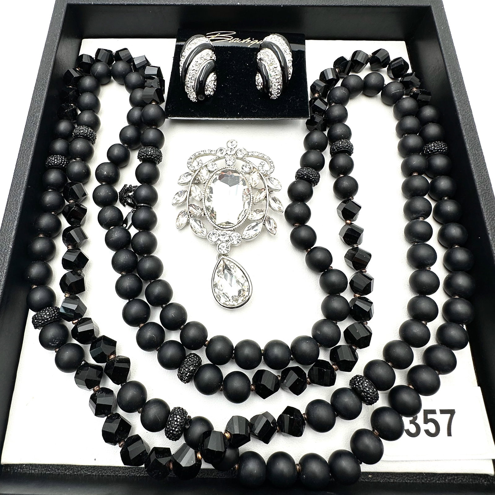 Group Lot of Jewelry Black Glass Bead Necklace Silver Tone Enamel Clip Earrings and Clear Rhinestone: Group Lot of Jewelry Black Glass Bead Necklace Silver Tone Enamel Clip Earrings and Clear Rhinestone Silver Tone Brooch Pin