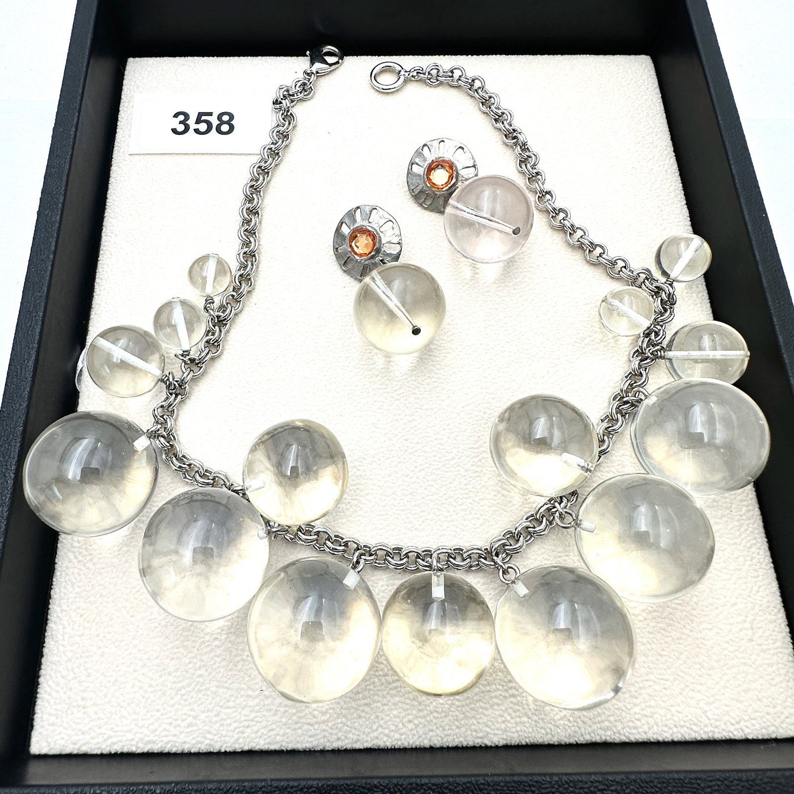Large Clear Lucite Bead Silver Tone Statement Necklace And Pierced Earrings: Large Clear Lucite Bead Silver Tone Statement Necklace And Pierced Earrings