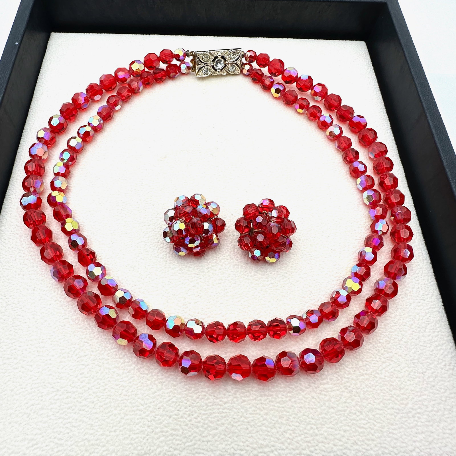 Vintage Red Aurora Borealis Crystal Double Strand Necklace and Clip Earrings (1 of 2)