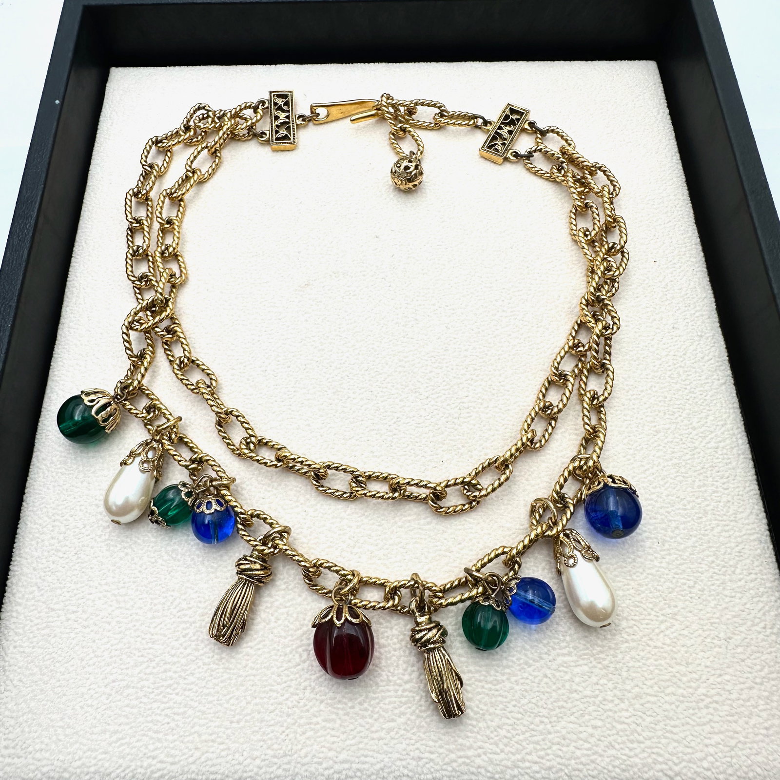 Vintage Jewel Tone Glass Bead Faux Pearl Gold Tone Double Strand Necklace 16 Inch (1 of 2)