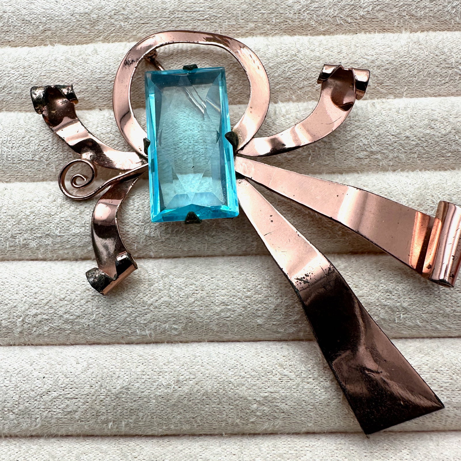Antique 1940s Era Large 4 Inch Rose Gold Plated Sterling Silver Brooch Pin Large Blue Glass Stone: Antique 1940s Era Large 4 Inch Rose Gold Plated Sterling Silver Brooch Pin Large Blue Glass Stone