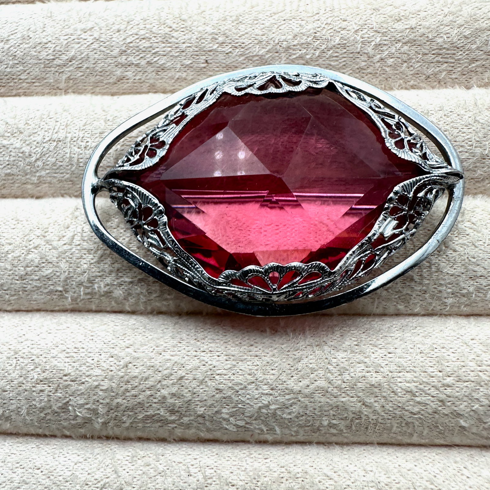 Vintage Art Deco Pink Czech Glass Silver Plated Brooch Pin 2 Inch (1 of 2)