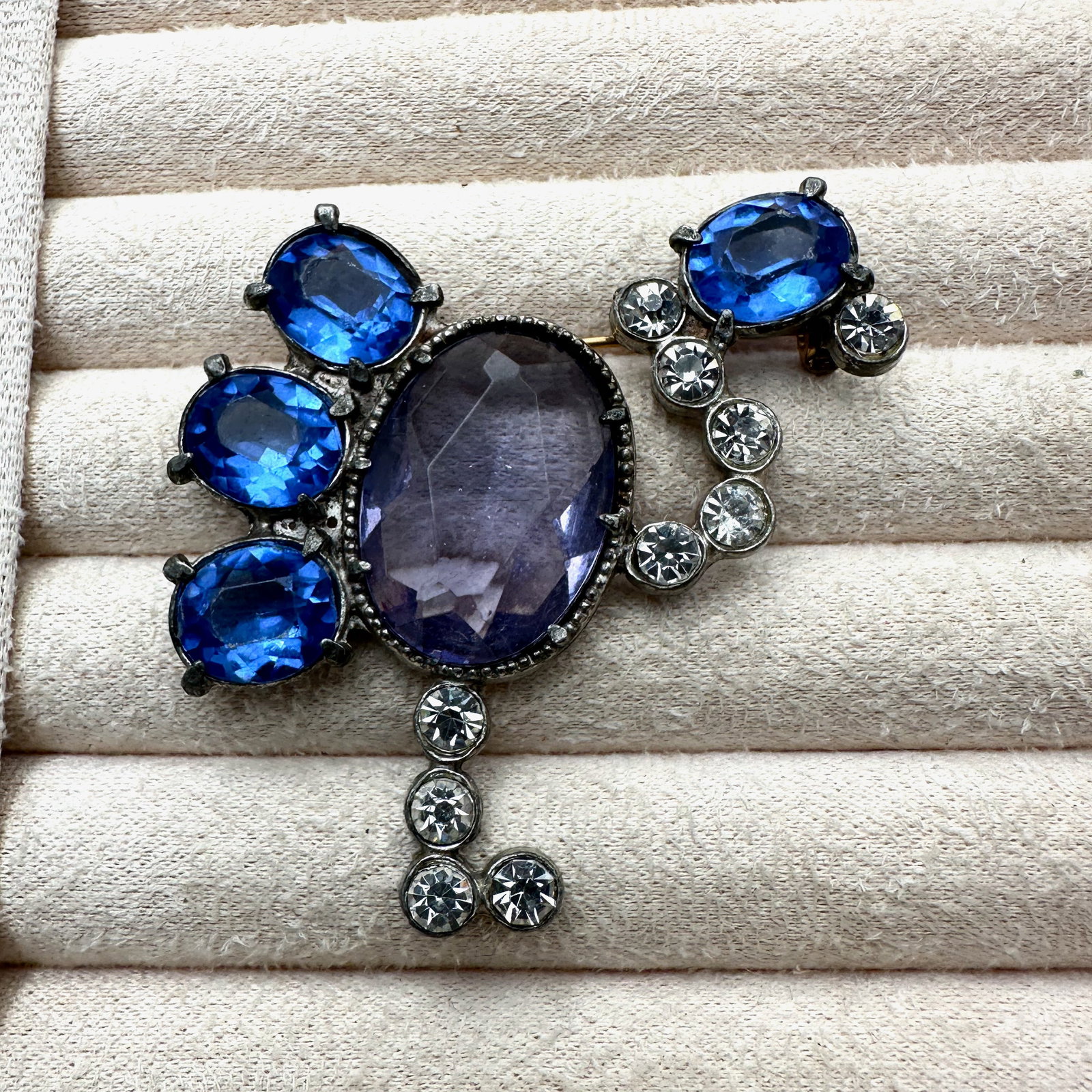 Antique 1940s Era Blue and Clear Czech Glass Silver Pot Metal Bird Brooch Pin 2.5 Inch: Antique 1940s Era Blue and Clear Czech Glass Silver Pot Metal Bird Brooch Pin 2.5 Inch