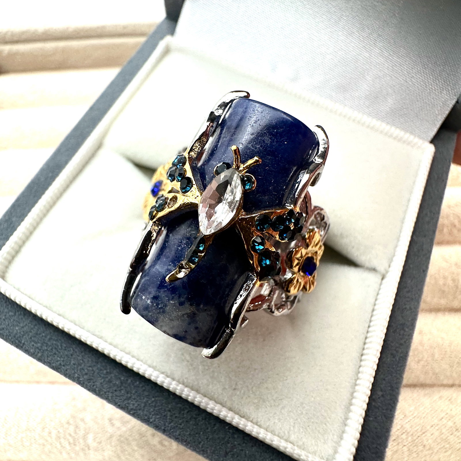 Blue Lapis Lazuli Gemstone Crystal Dragonfly Flower Design Silver Plated Statement Ring Box Included: Blue Lapis Lazuli Gemstone Crystal Dragonfly Flower Design Silver Plated Statement Ring Box Included Size 11