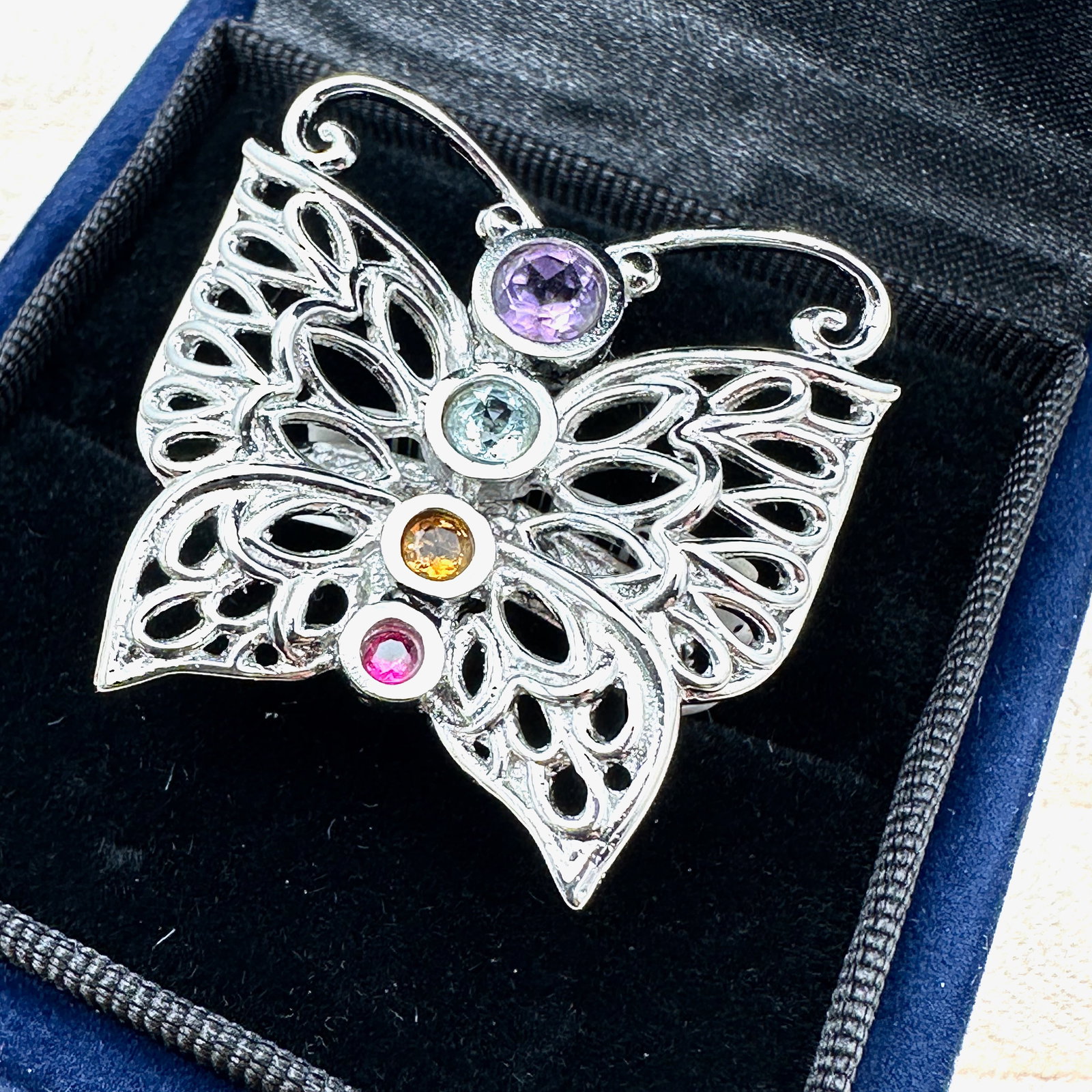 Multi Gemstone Silver Plated Butterfly Ring Size 10 Ring Box Included: Multi Gemstone Silver Plated Butterfly Ring Size 10 Ring Box Included