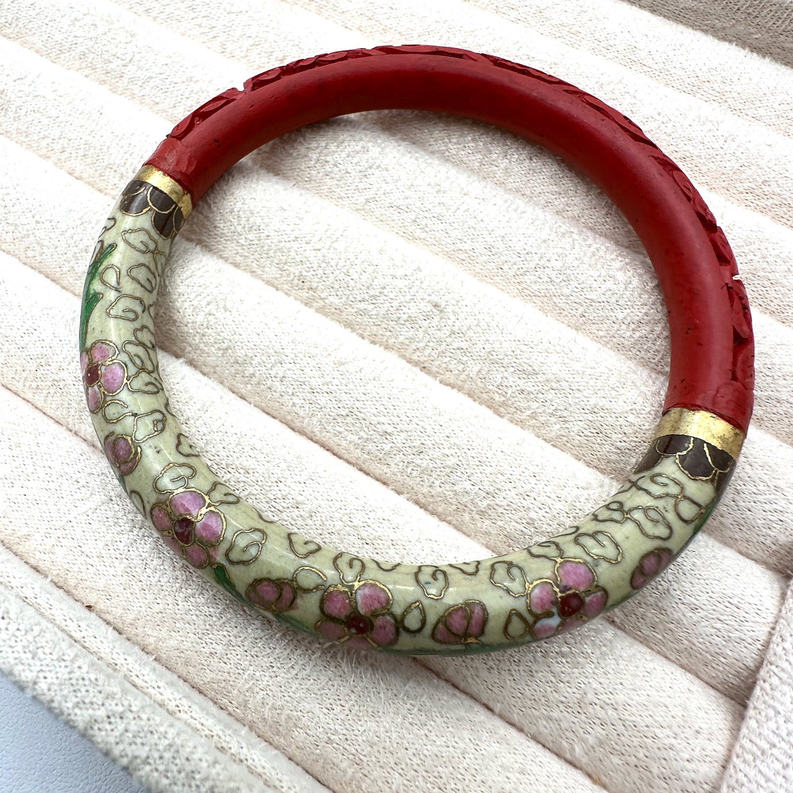 Vintage Chinese Cinnabar and Cloisonne' Bangle Bracelet 8 Inch (1 of 2)
