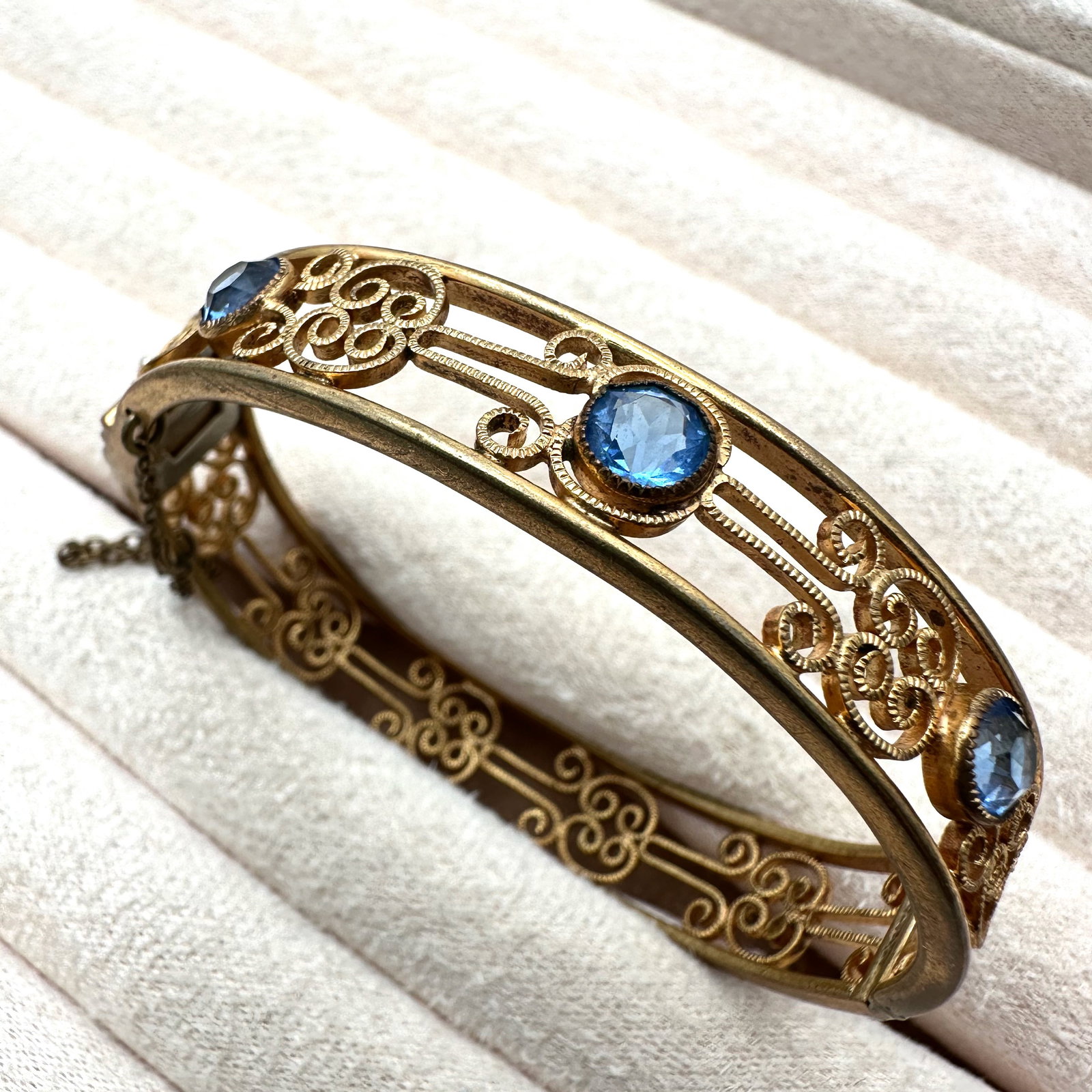 Antique Gold Filled Hinged Bangle Bracelet Blue Glass Stones 6.25 Inch (1 of 2)