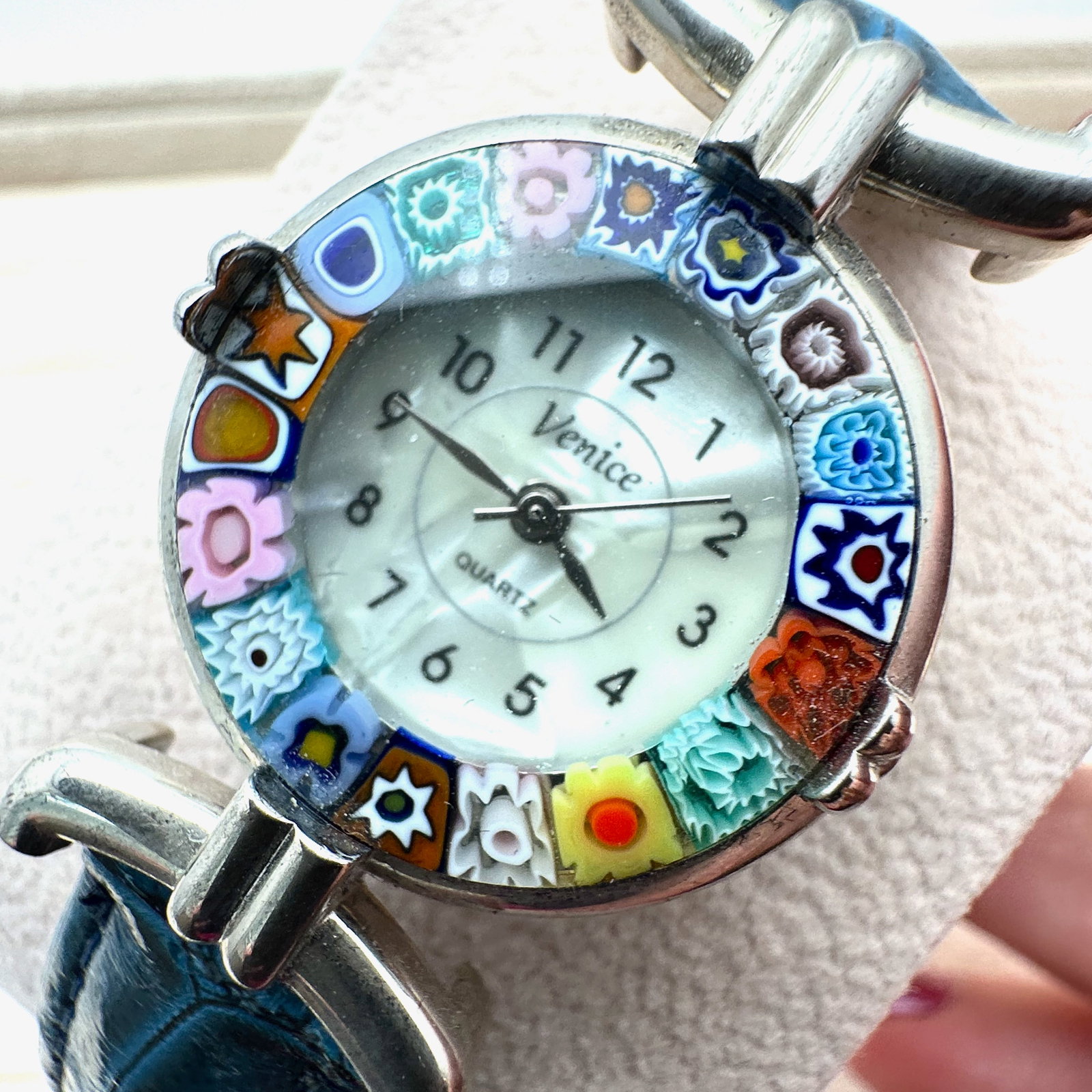 Italian Murano Glass Multicolor Watch Blue Leather Band Will Need New Battery (1 of 4)
