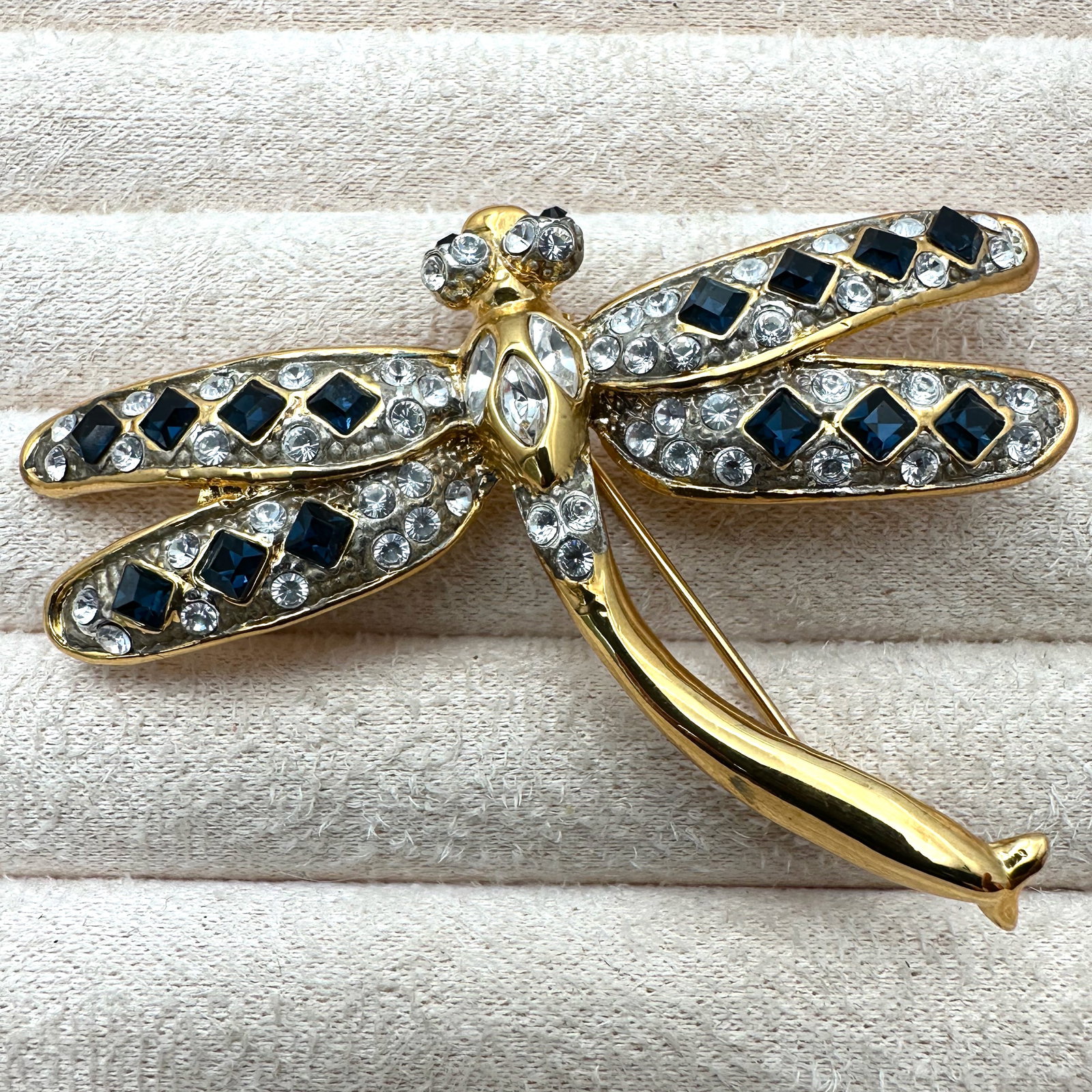 Vintage Blue and Clear Glass Rhinestone Gold Tone Dragon Fly Brooch Pin 2.5 Inch (1 of 2)