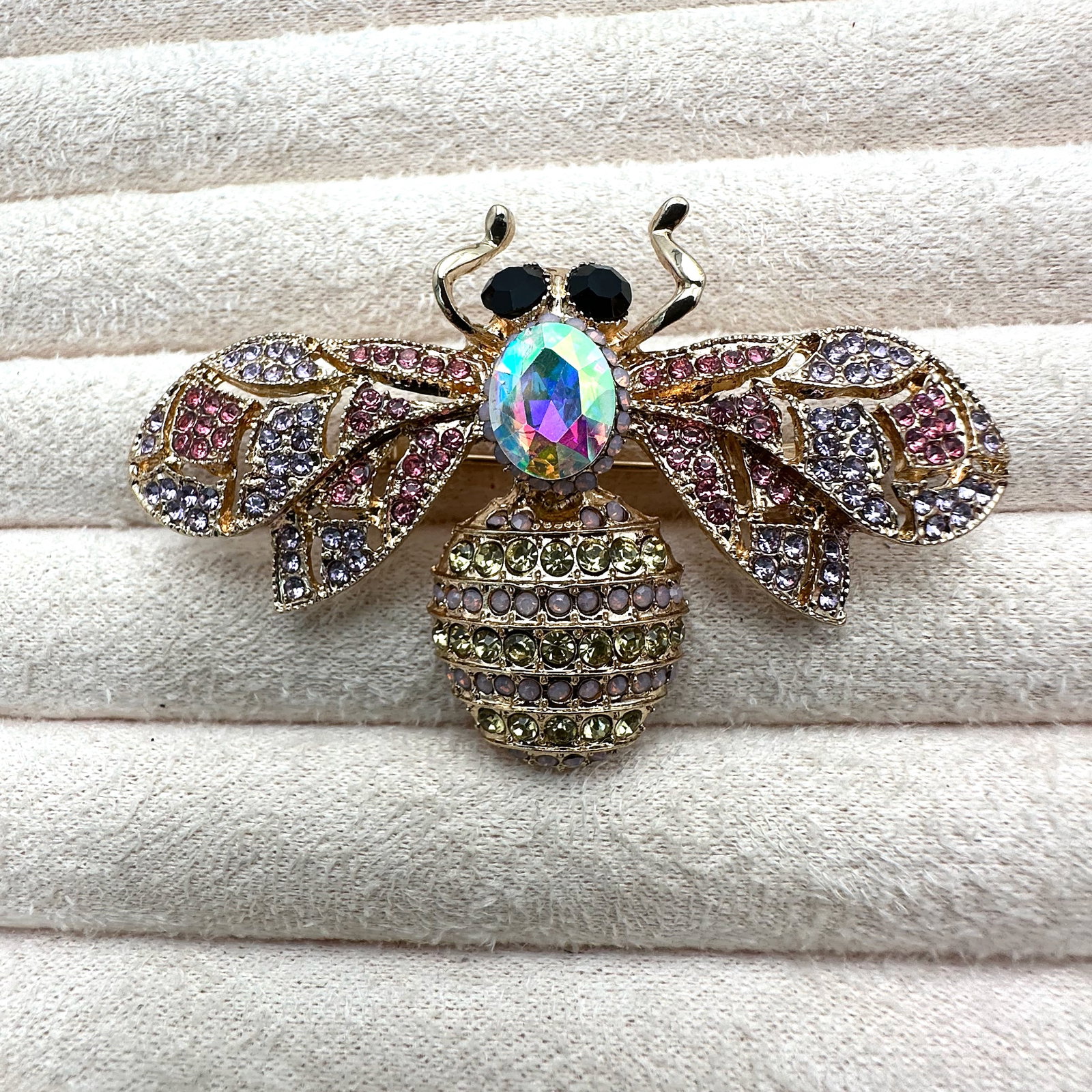 Multicolor Pink Yellow Rhinestone Gold Tone Butterfly Bug Brooch Pin 2.5 Inch (1 of 2)